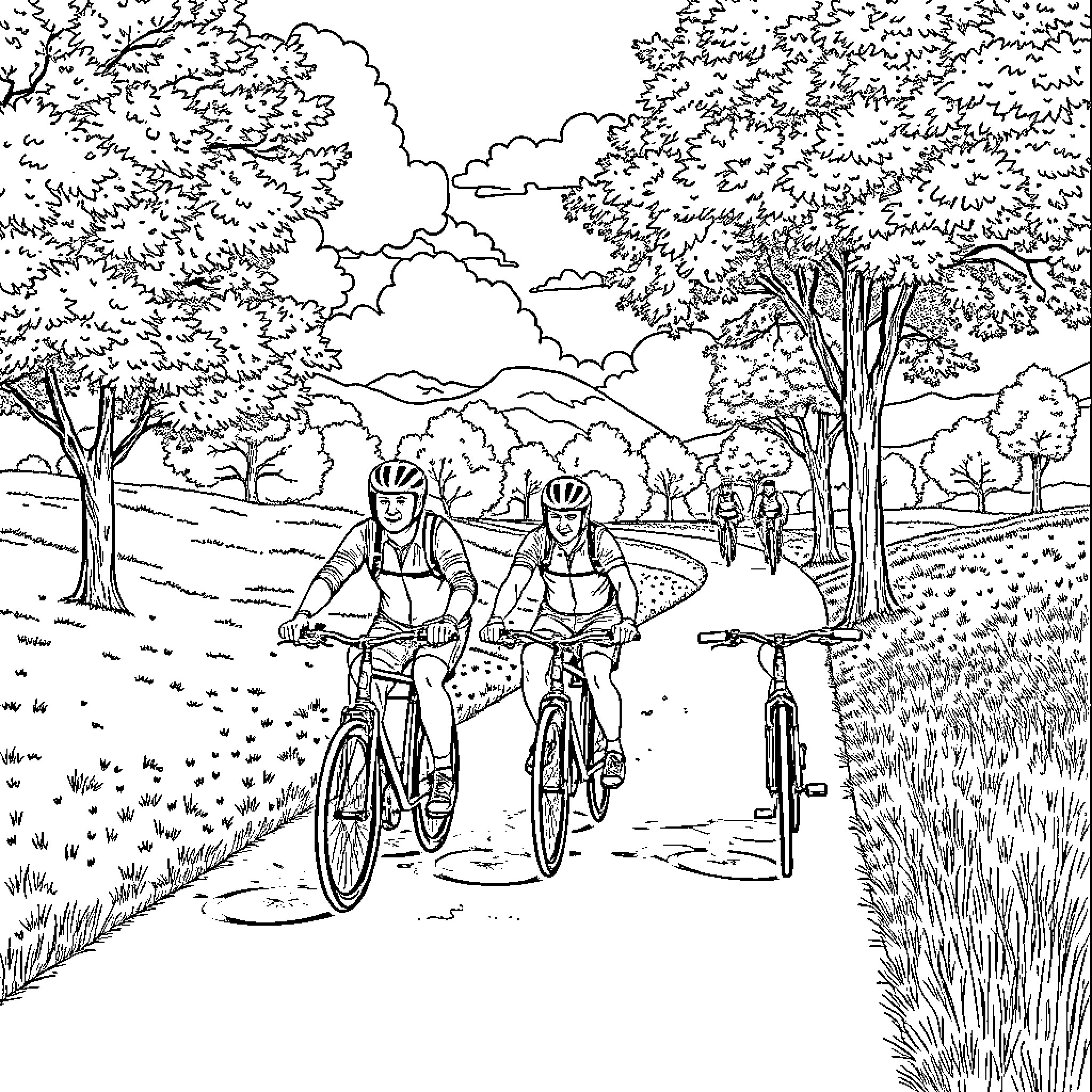 Pat Patrol of people riding bicycles through a park Coloring Page (free black-and-white line drawing printable PDF for all, from beginners to advanced learners, including children, teens, adults, and seniors)
