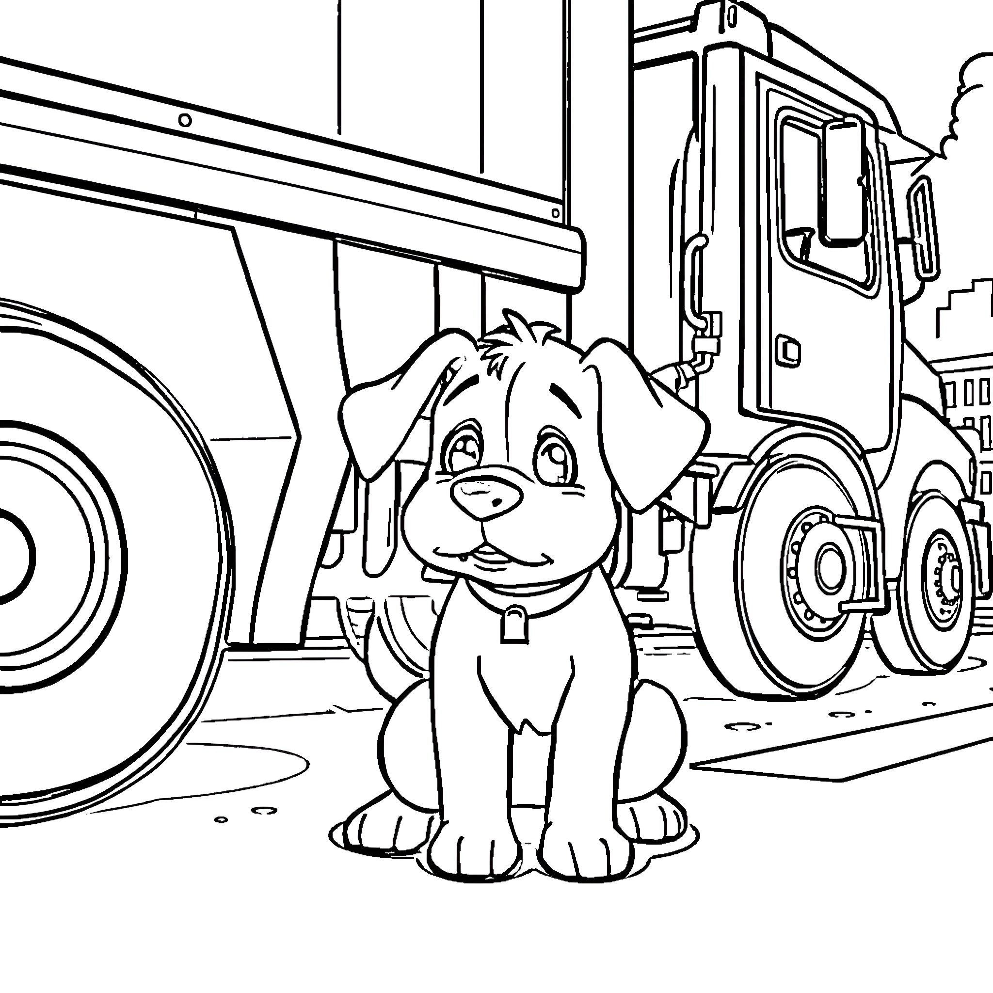 Bluey's Exciting Day with Trucks and Machinery Coloring Page (free black-and-white line drawing printable PDF for all, from beginners to advanced learners, including children, teens, adults, and seniors)