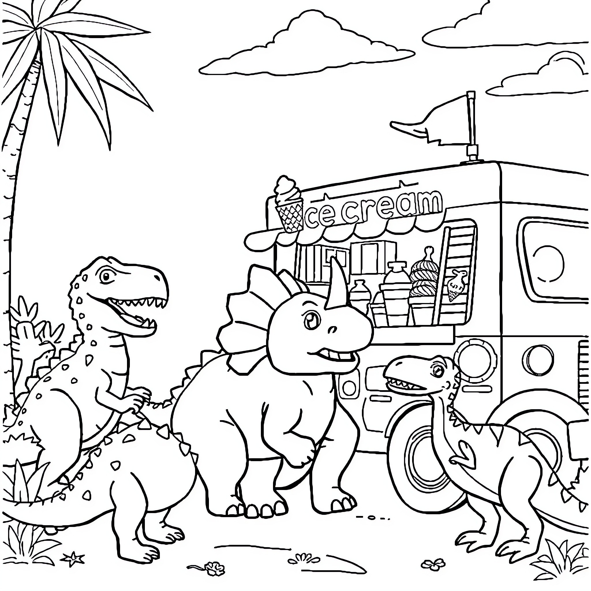 Triceratops at the Ice Cream Truck Coloring Page (free black-and-white line drawing printable PDF for all, from beginners to advanced learners, including children, teens, adults, and seniors)
