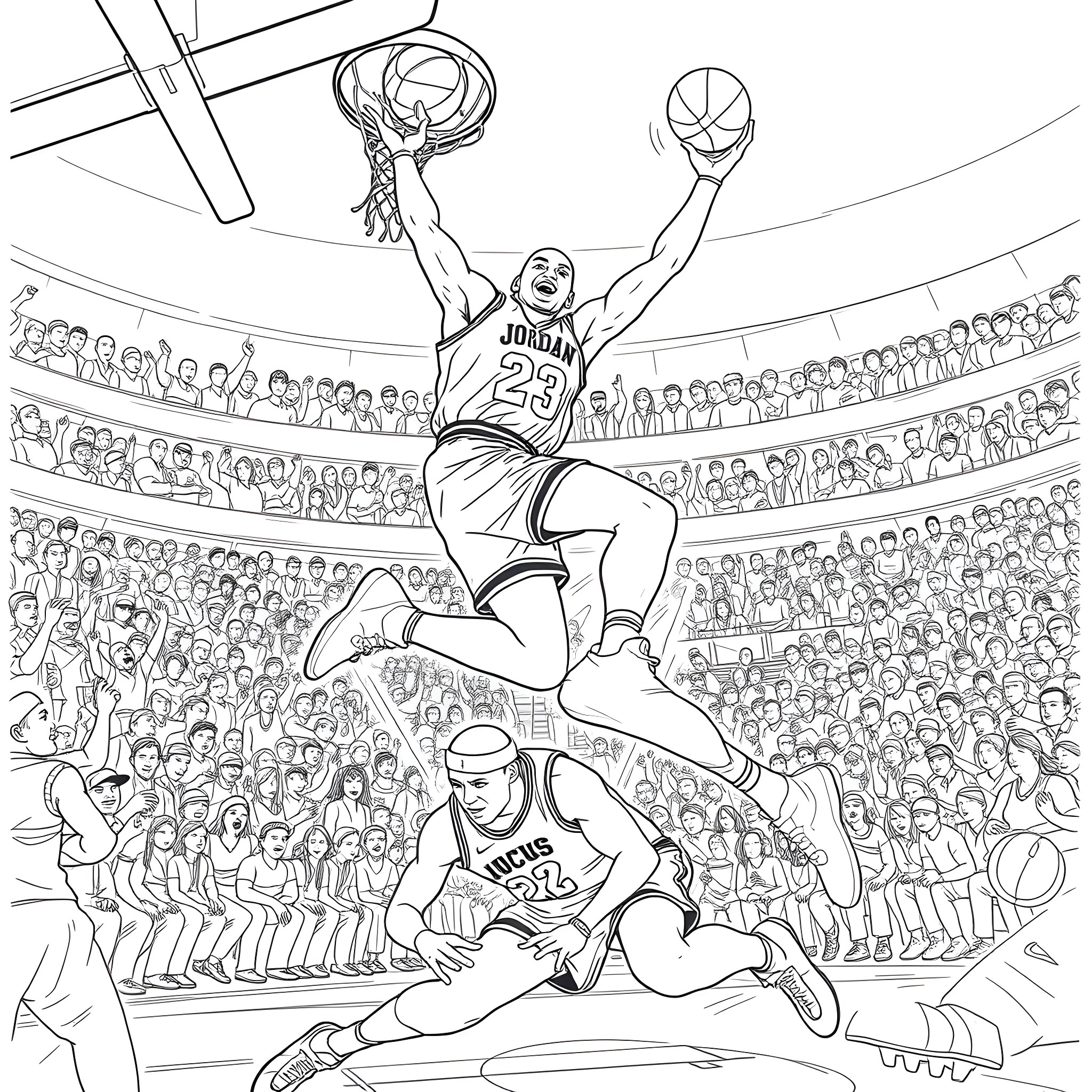 Michael Jordan Soaring High in Basketball Arena Coloring Page (free black-and-white line drawing printable PDF for all, from beginners to advanced learners, including children, teens, adults, and seniors)