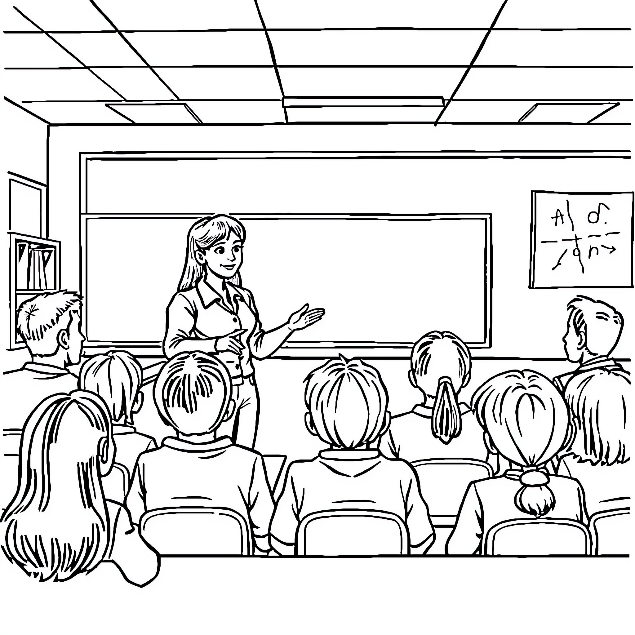 Teacher Instructing Students in Classroom Coloring Page (free black-and-white line drawing printable PDF for all, from beginners to advanced learners, including children, teens, adults, and seniors)
