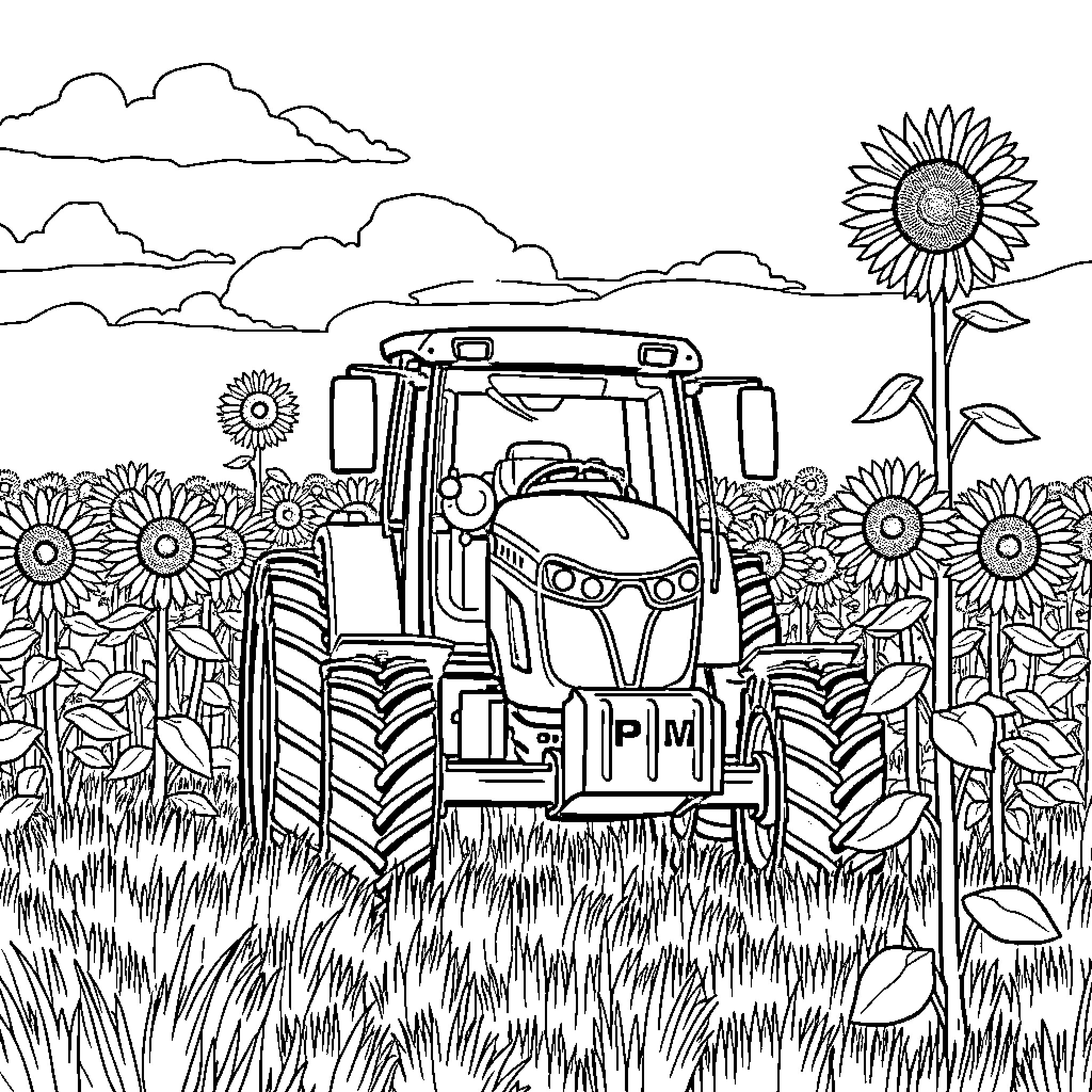 Tractor working in a sunflower field Coloring Page (free black-and-white line drawing printable PDF for all, from beginners to advanced learners, including children, teens, adults, and seniors)