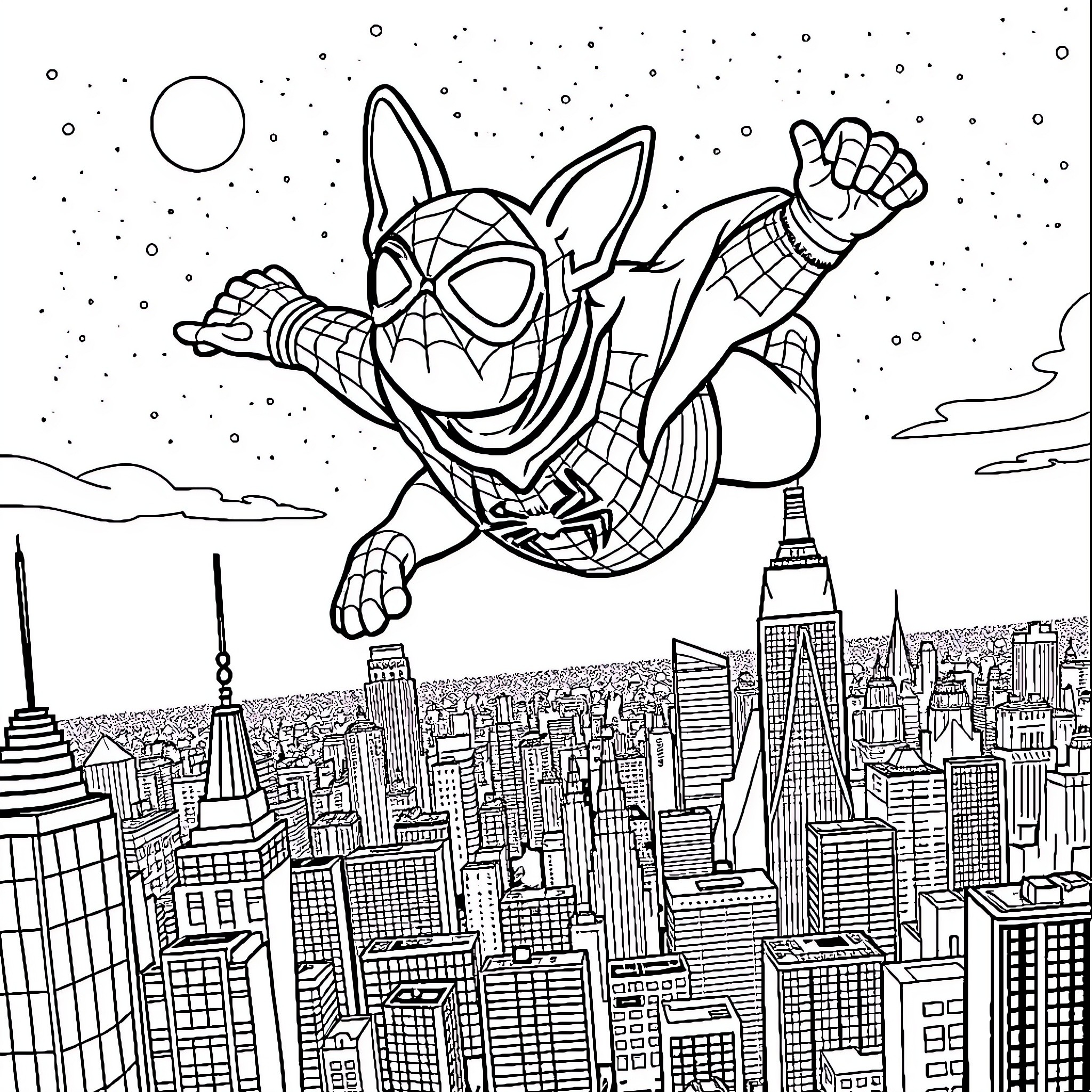 Spiderman Dog swinging through the city skyline Coloring Page (free black-and-white line drawing printable PDF for all, from beginners to advanced learners, including children, teens, adults, and seniors)