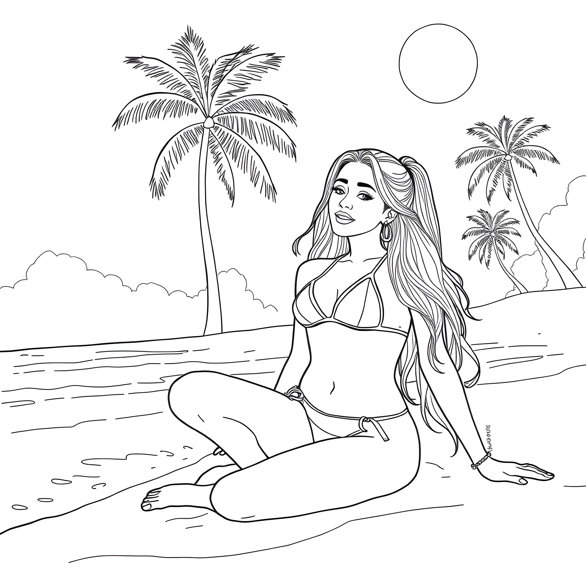 Ariana Grande relaxing on the beach Coloring Page (free black-and-white line drawing printable PDF for all, from beginners to advanced learners, including children, teens, adults, and seniors)