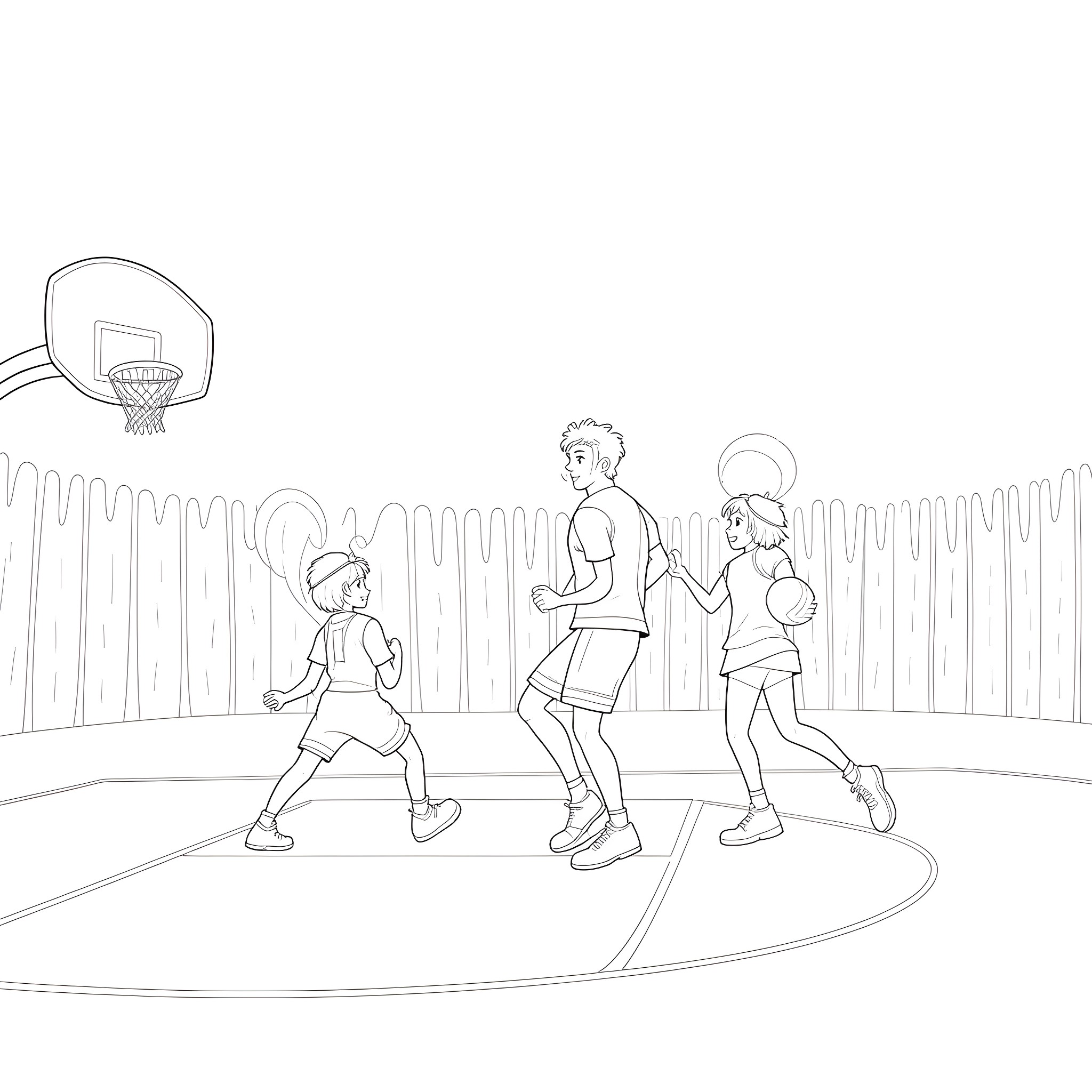 Z Fighter kids playing basketball together Coloring Page (free black-and-white line drawing printable PDF for all, from beginners to advanced learners, including children, teens, adults, and seniors)