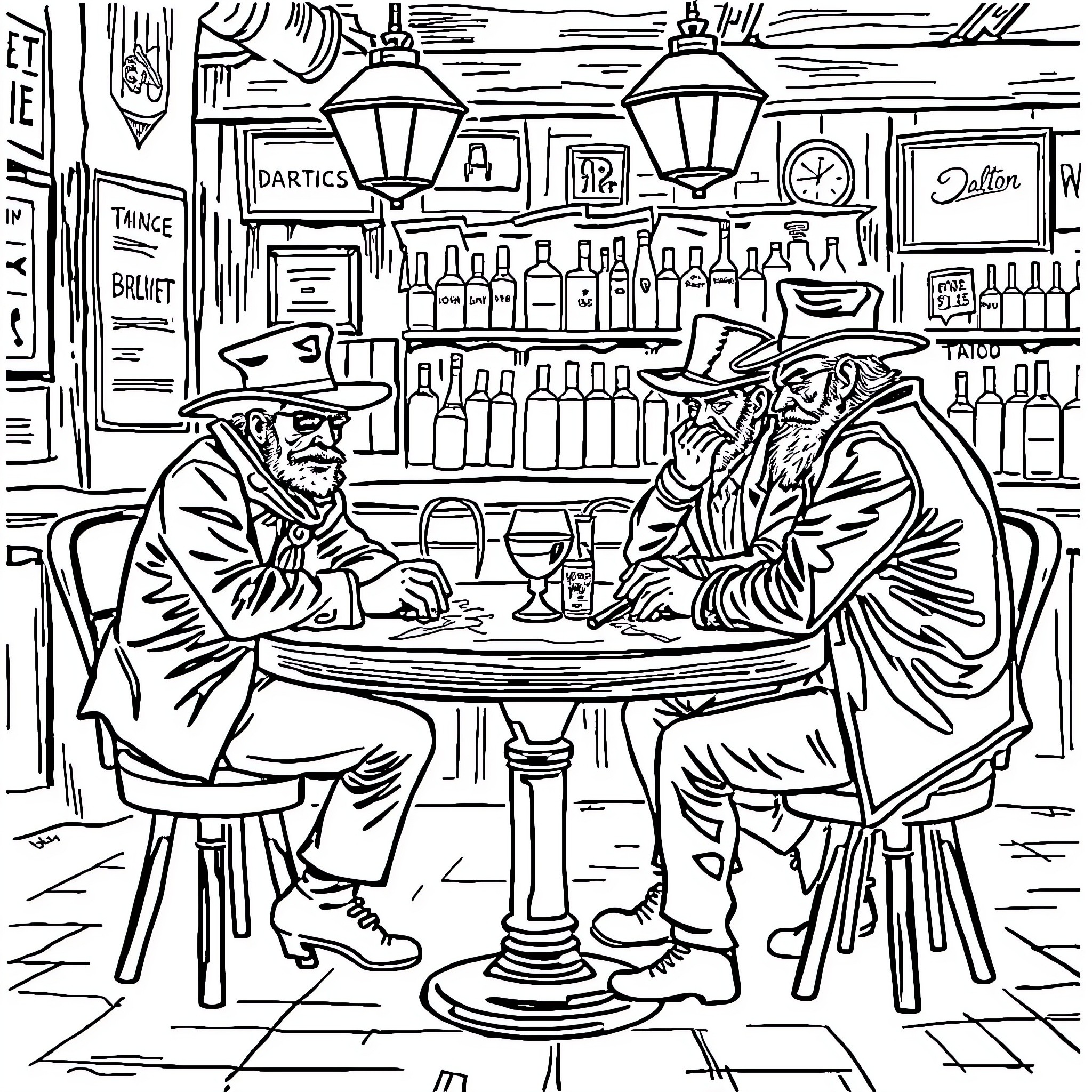 Dalton's Old West Saloon Adventure Coloring Page (free black-and-white line drawing printable PDF for all, from beginners to advanced learners, including children, teens, adults, and seniors)