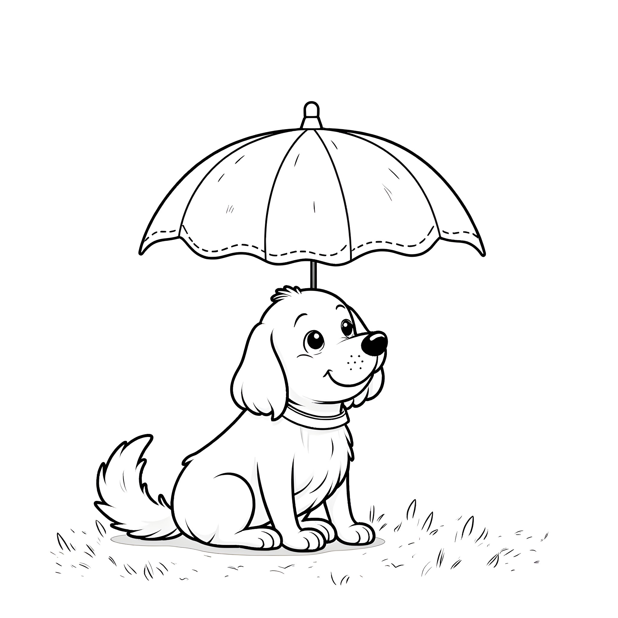 Dog playing with umbrella in the rain Coloring Page (free black-and-white line drawing printable PDF for all, from beginners to advanced learners, including children, teens, adults, and seniors)