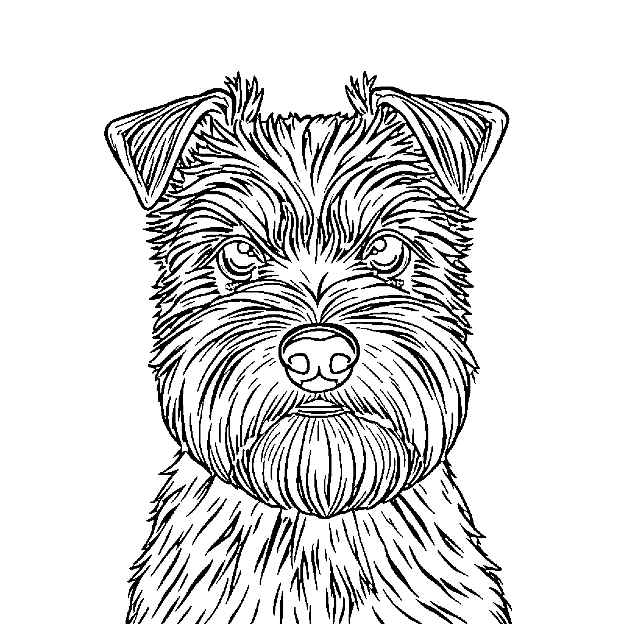 Schnauzer dog with expressive face and shaggy fur Coloring Page (free black-and-white line drawing printable PDF for all, from beginners to advanced learners, including children, teens, adults, and seniors)