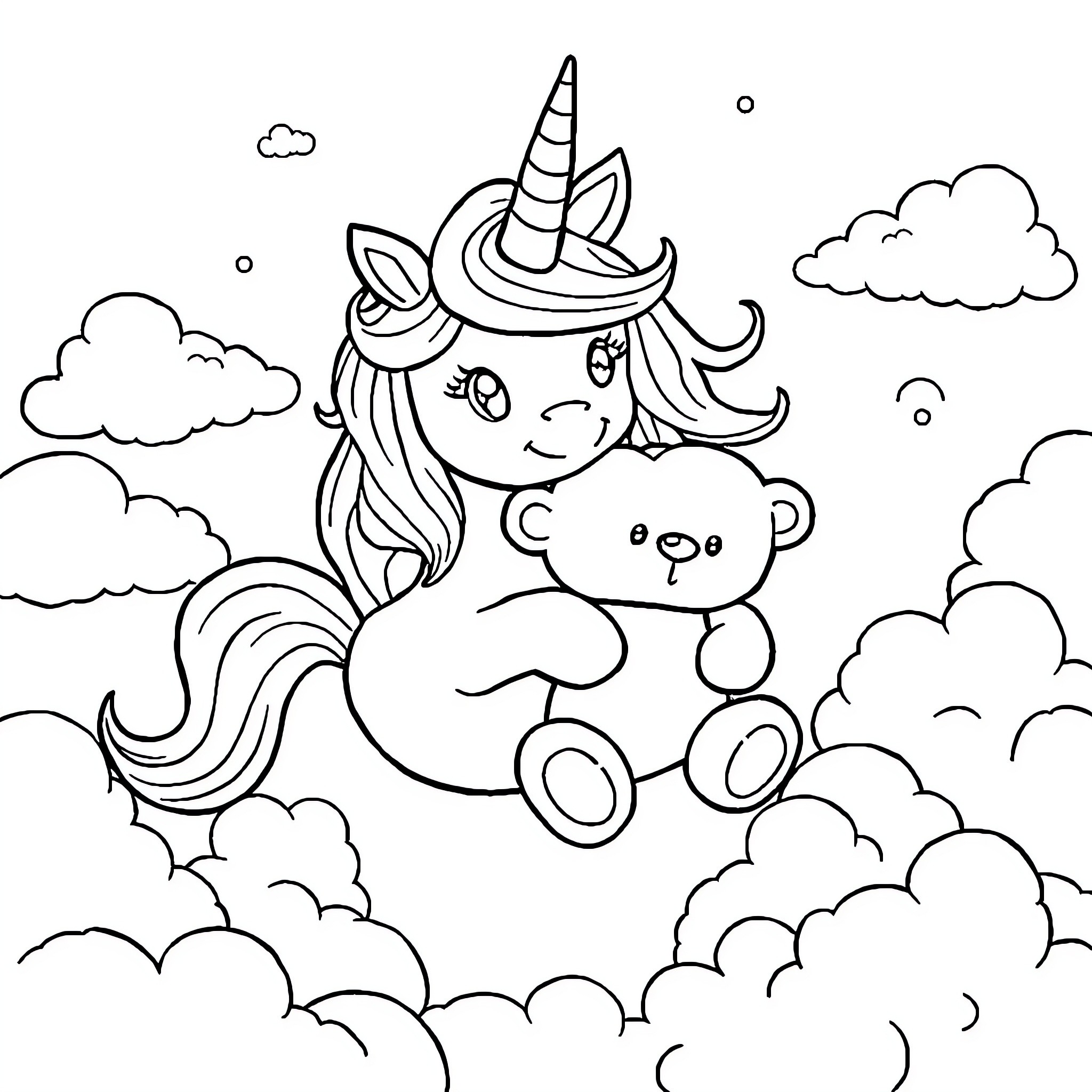 Unicorn Flying with Adorable Teddy Bear in Clouds Coloring Page (free black-and-white line drawing printable PDF for all, from beginners to advanced learners, including children, teens, adults, and seniors)