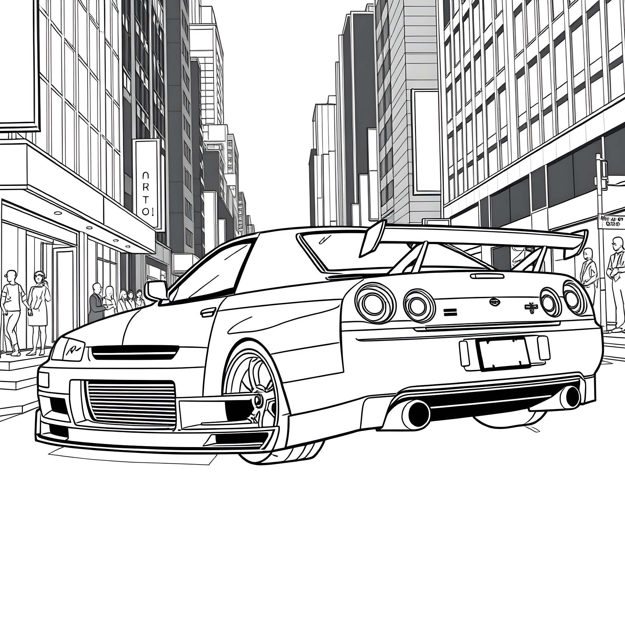 Nissan sports car in urban city street Coloring Page (free black-and-white line drawing printable PDF for all, from beginners to advanced learners, including children, teens, adults, and seniors)