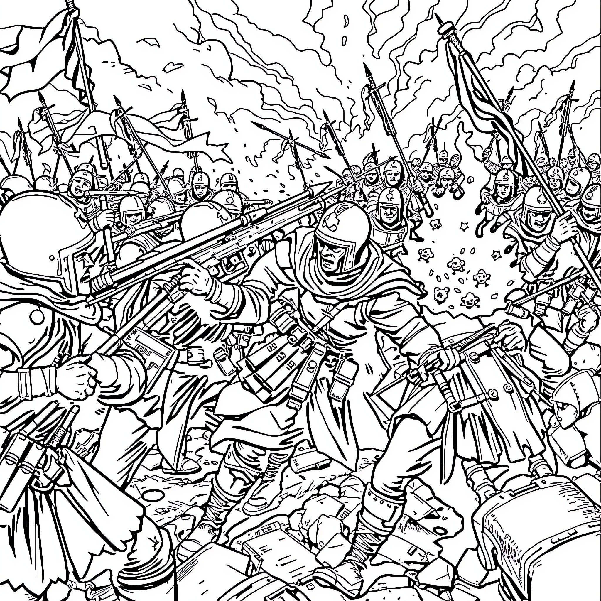 CSQUE DE GUERRE: Intense Battle Scene with Armored Figures Coloring Page (free black-and-white line drawing printable PDF for all, from beginners to advanced learners, including children, teens, adults, and seniors)