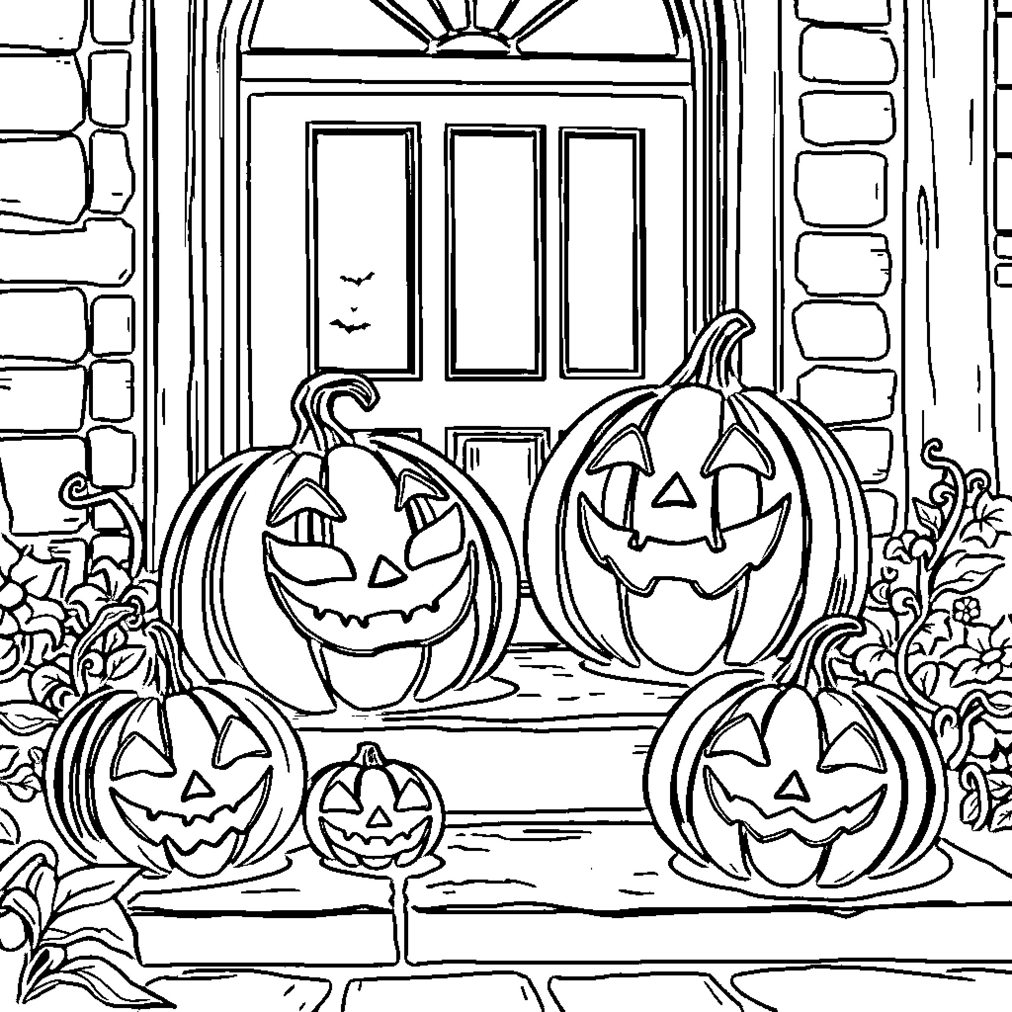 Pumpkins gathered on a front porch Coloring Page (free black-and-white line drawing printable PDF for all, from beginners to advanced learners, including children, teens, adults, and seniors)