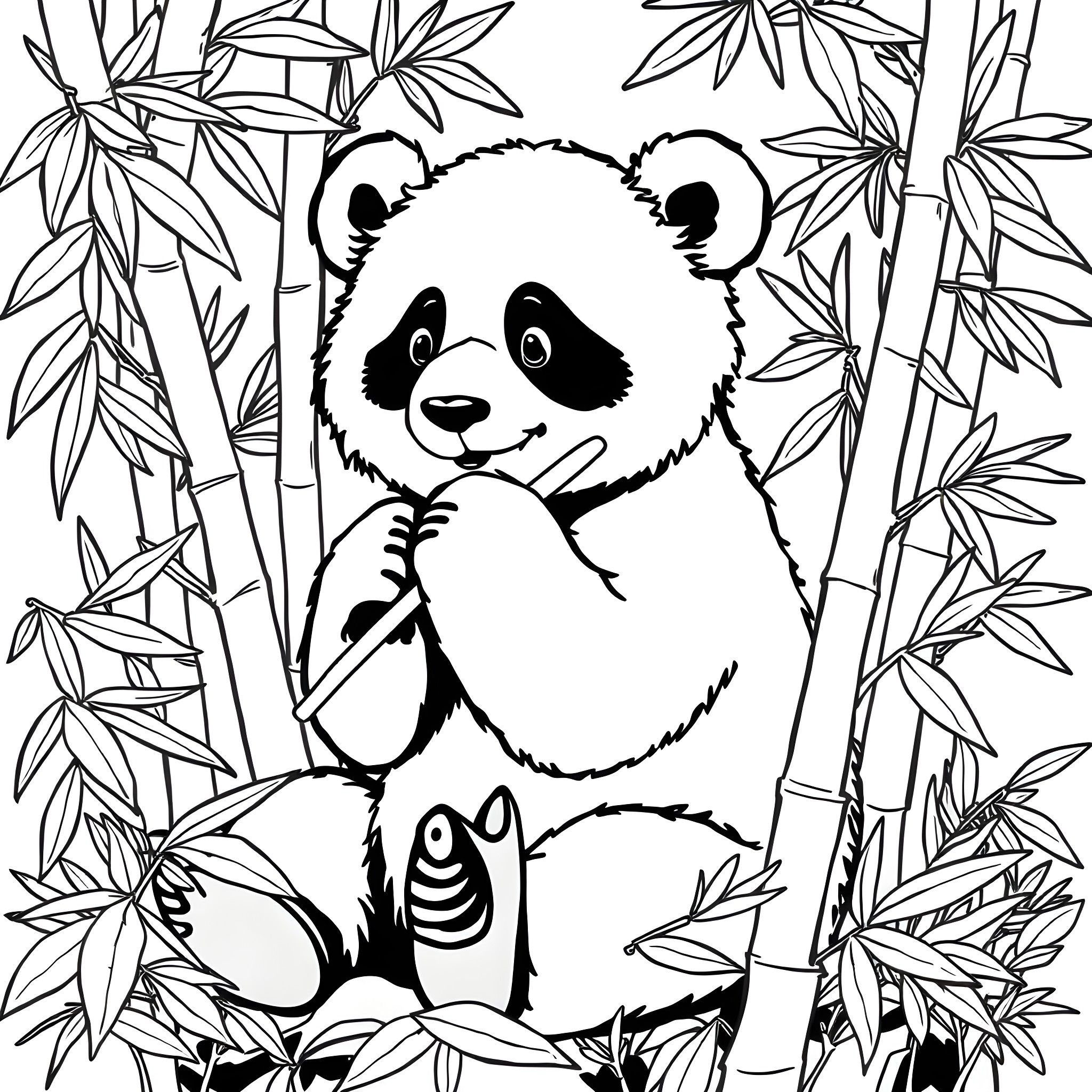 Panda playing in bamboo forest Coloring Page (free black-and-white line drawing printable PDF for all, from beginners to advanced learners, including children, teens, adults, and seniors)