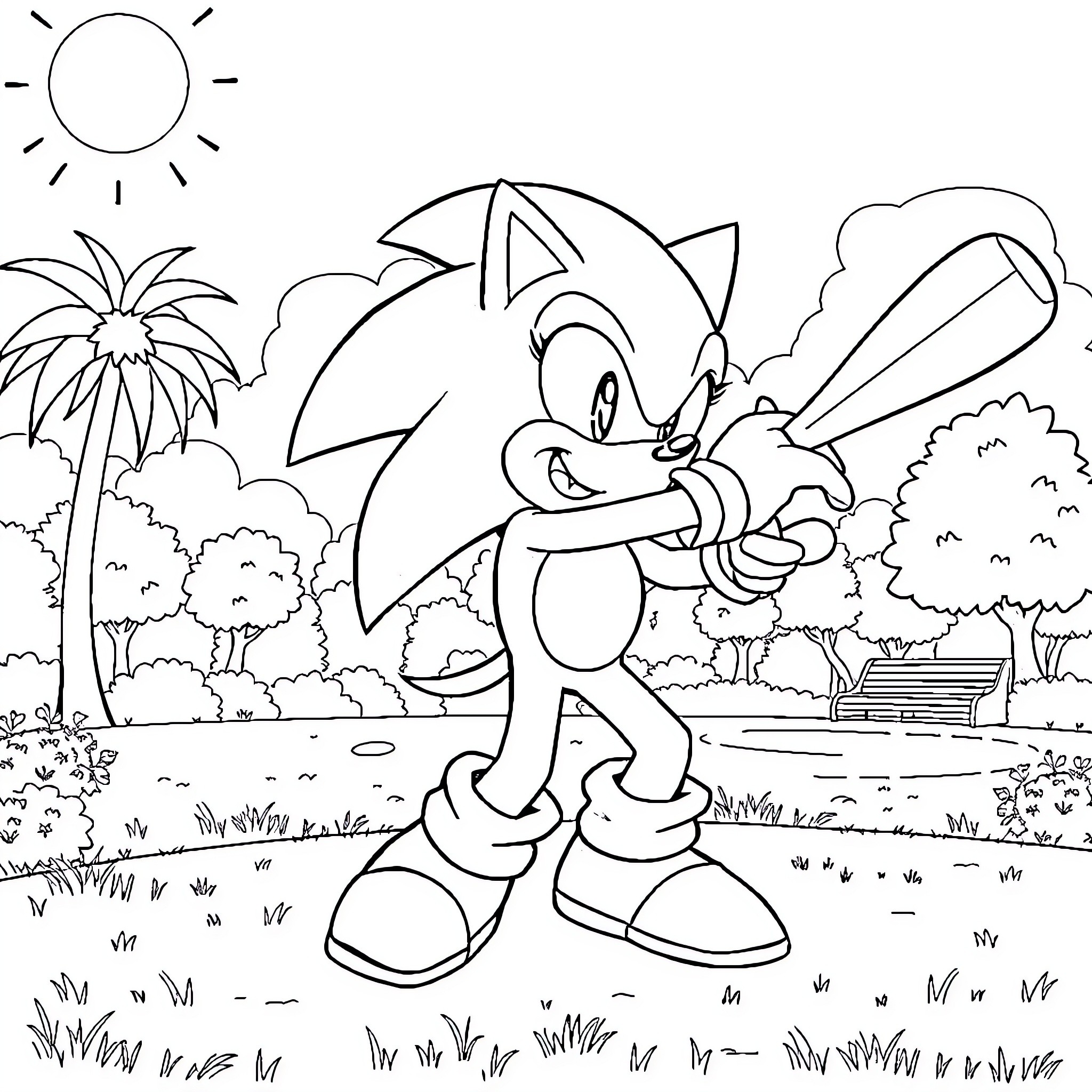 Sonic the Hedgehog running joyfully in a nature scene Coloring Page (free black-and-white line drawing printable PDF for all, from beginners to advanced learners, including children, teens, adults, and seniors)