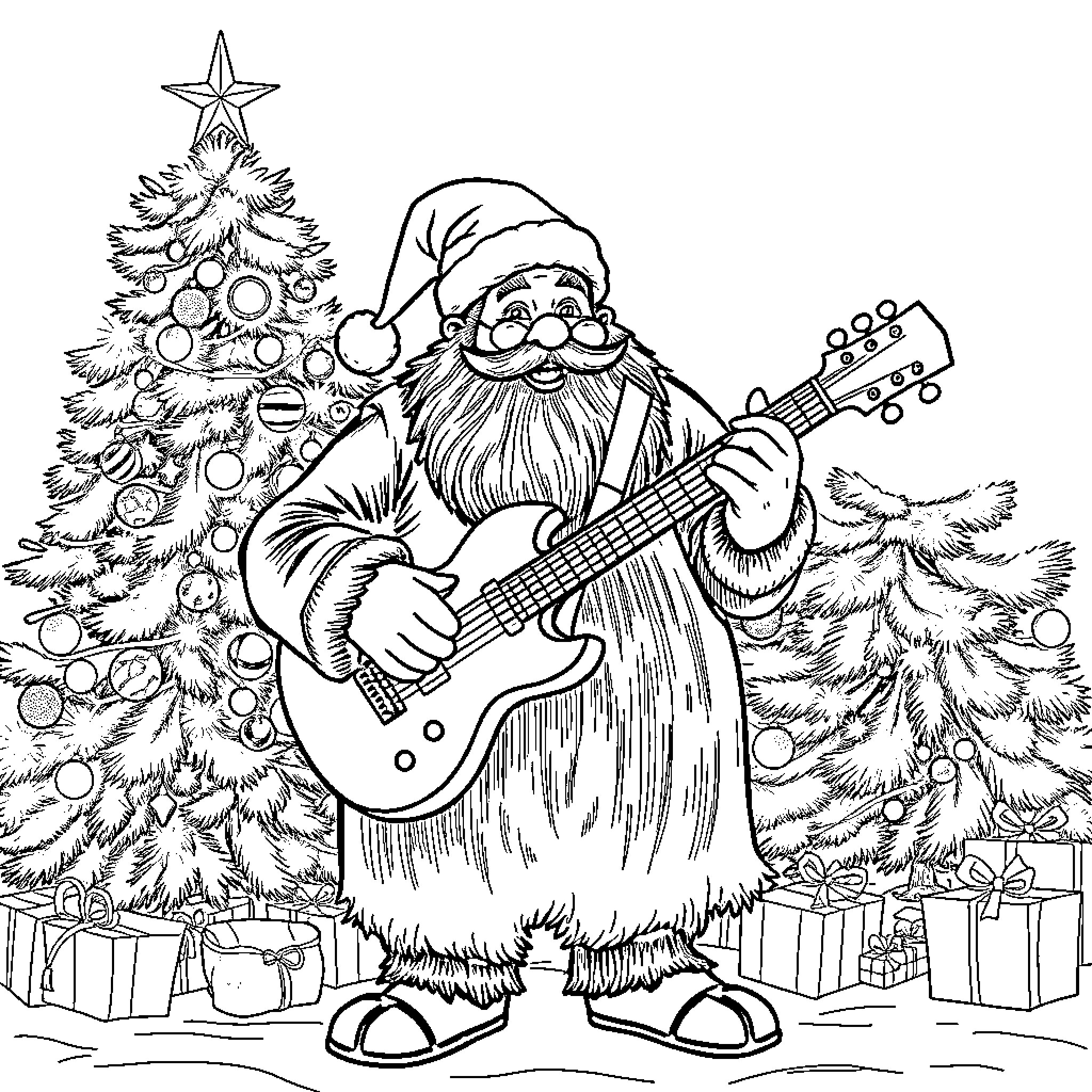 Hagrid playing guitar near Christmas tree Coloring Page (free black-and-white line drawing printable PDF for all, from beginners to advanced learners, including children, teens, adults, and seniors)