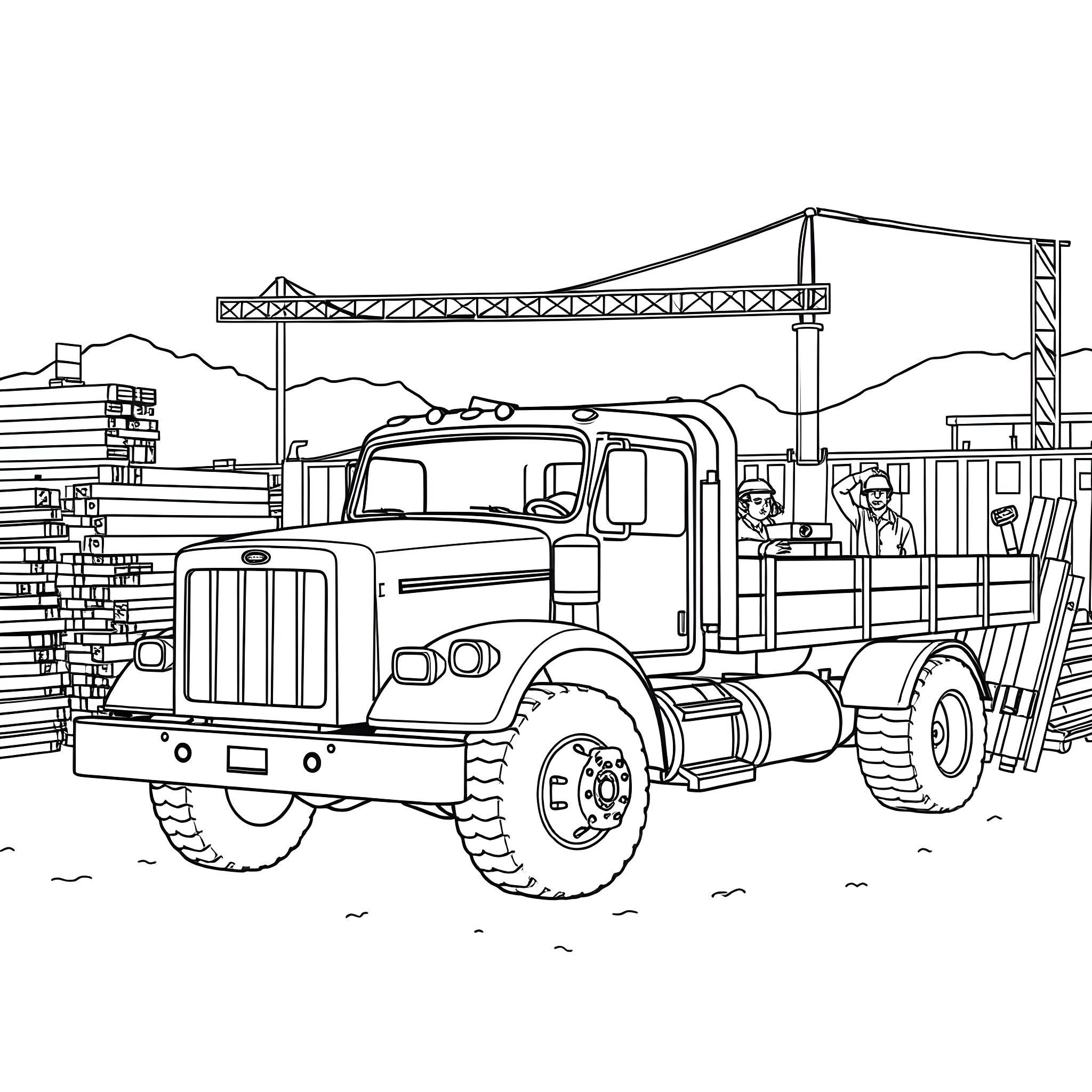 Flatbed truck transporting construction materials Coloring Page (free black-and-white line drawing printable PDF for all, from beginners to advanced learners, including children, teens, adults, and seniors)