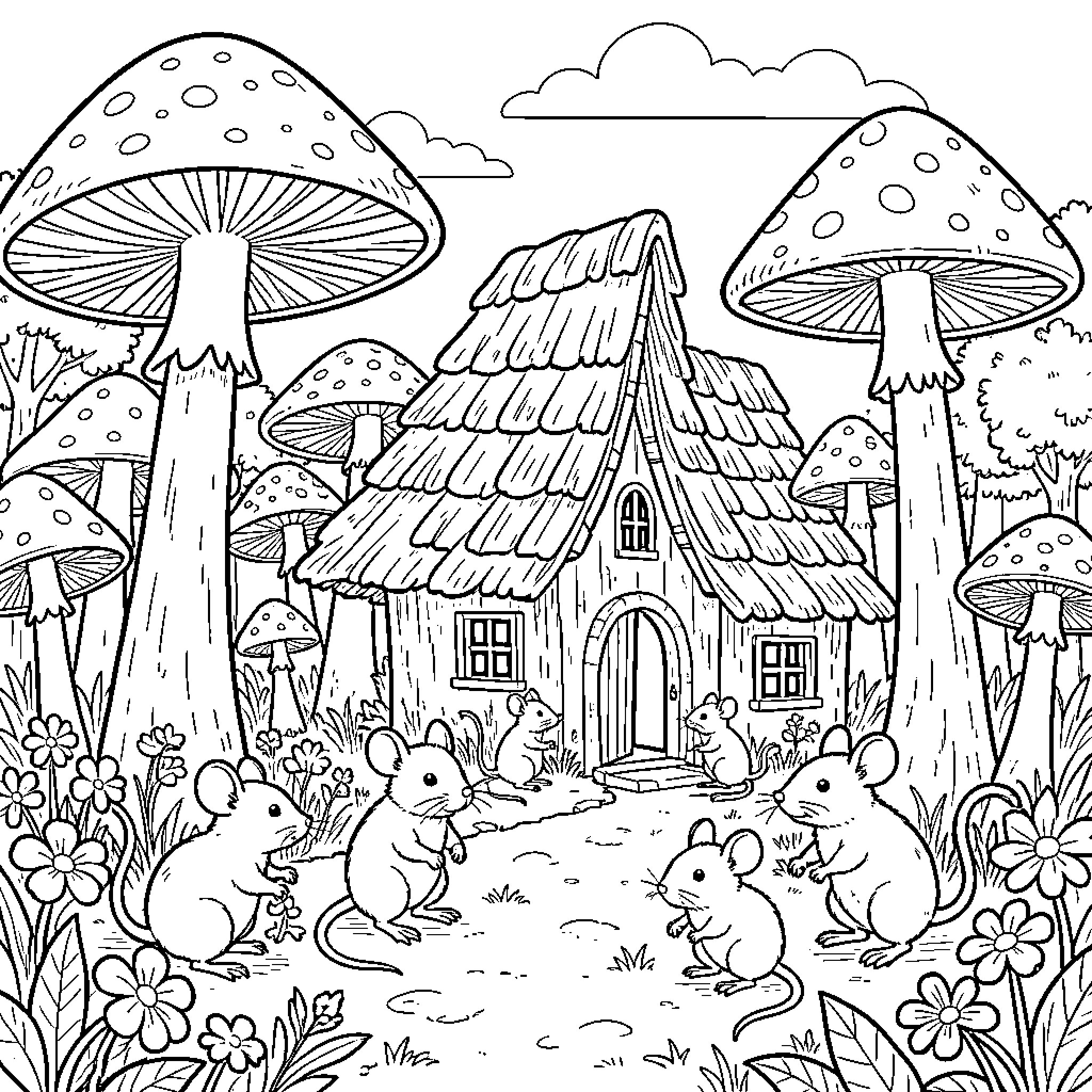 Mouse friends gathering near a tiny mushroom house Coloring Page (free black-and-white line drawing printable PDF for all, from beginners to advanced learners, including children, teens, adults, and seniors)
