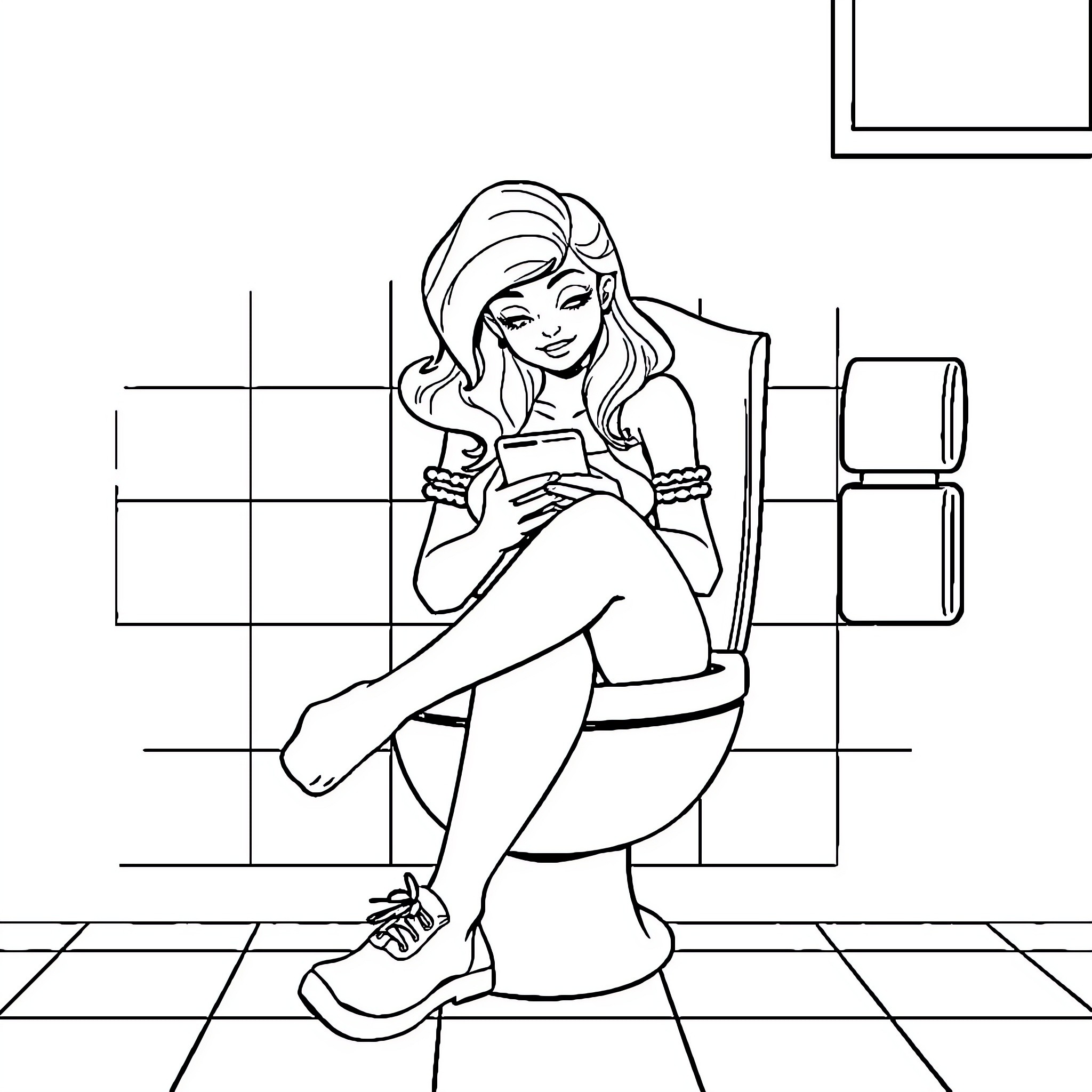 Barby relaxing and using a smartphone Coloring Page (free black-and-white line drawing printable PDF for all, from beginners to advanced learners, including children, teens, adults, and seniors)