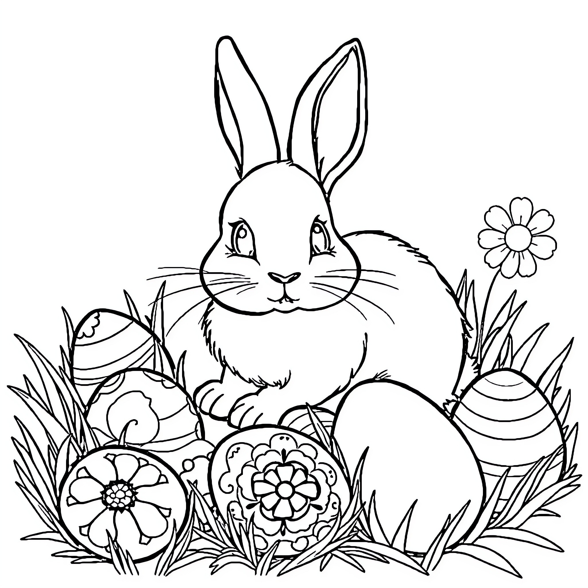 Rabbit surrounded by Easter eggs and flowers Coloring Page (free black-and-white line drawing printable PDF for all, from beginners to advanced learners, including children, teens, adults, and seniors)