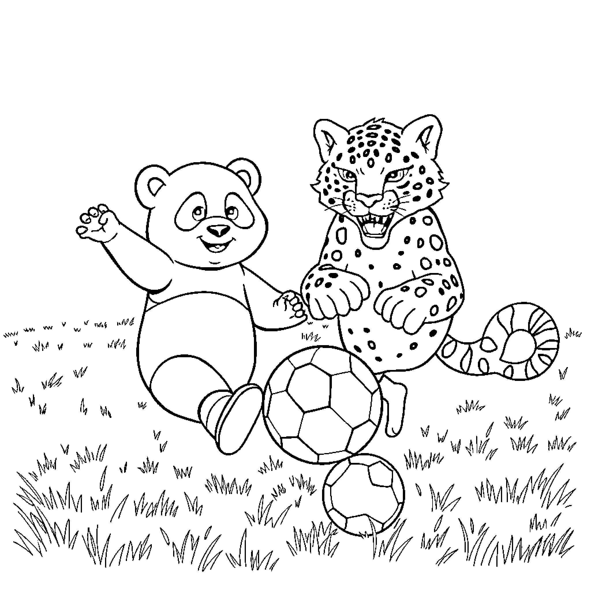 Panda and Leopard Playing with Soccer Balls Coloring Page (free black-and-white line drawing printable PDF for all, from beginners to advanced learners, including children, teens, adults, and seniors)