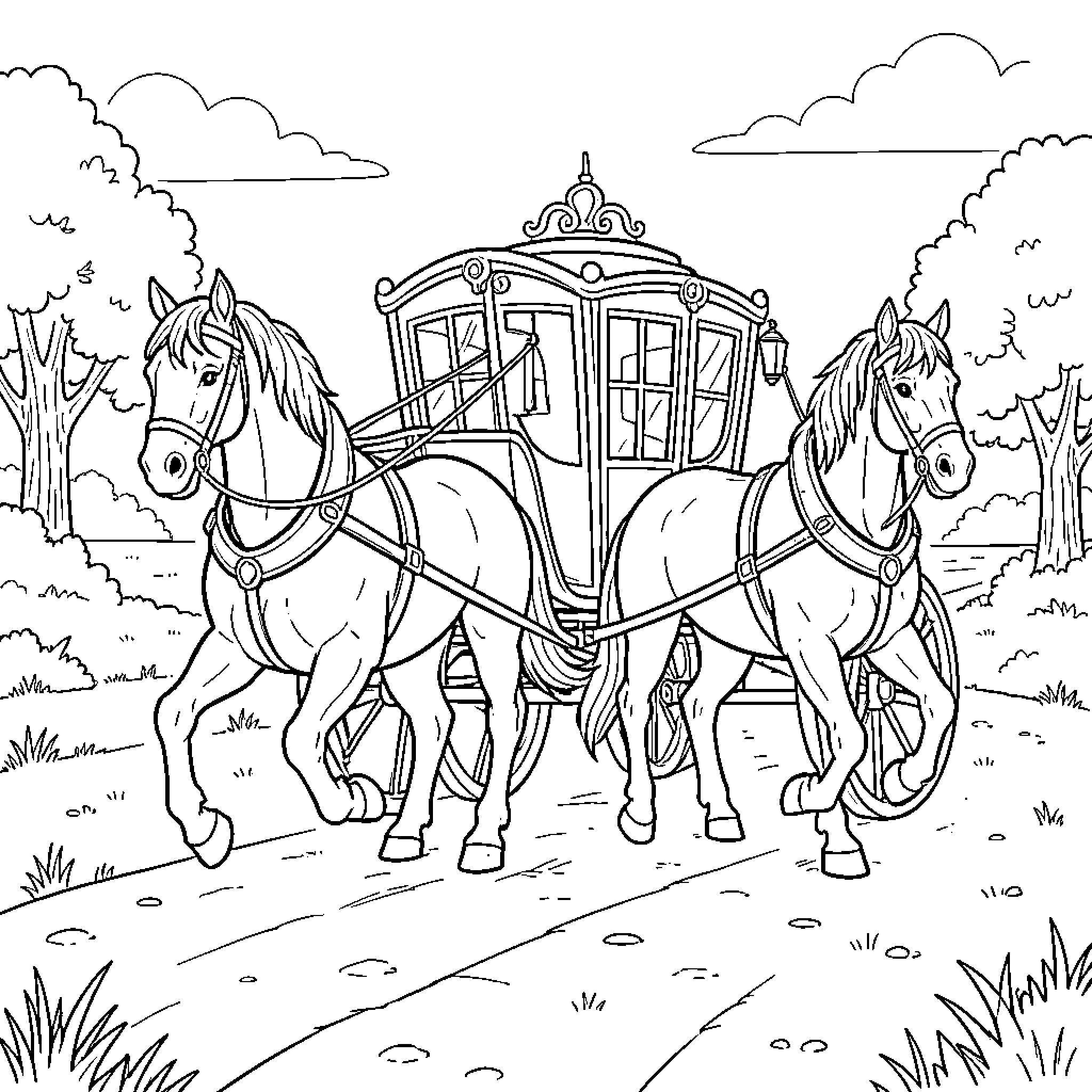 Horse-Drawn Carriage Traveling on a Scenic Country Road Coloring Page (free black-and-white line drawing printable PDF for all, from beginners to advanced learners, including children, teens, adults, and seniors)