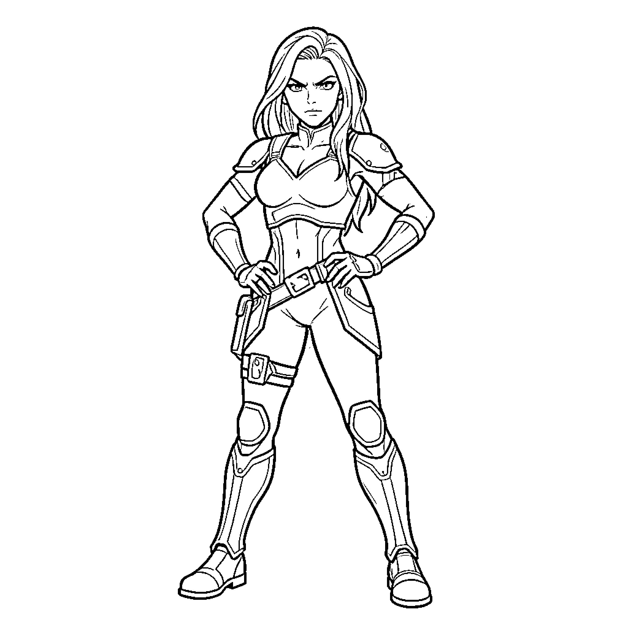 Zoey posing confidently in her superhero armor Coloring Page (free black-and-white line drawing printable PDF for all, from beginners to advanced learners, including children, teens, adults, and seniors)
