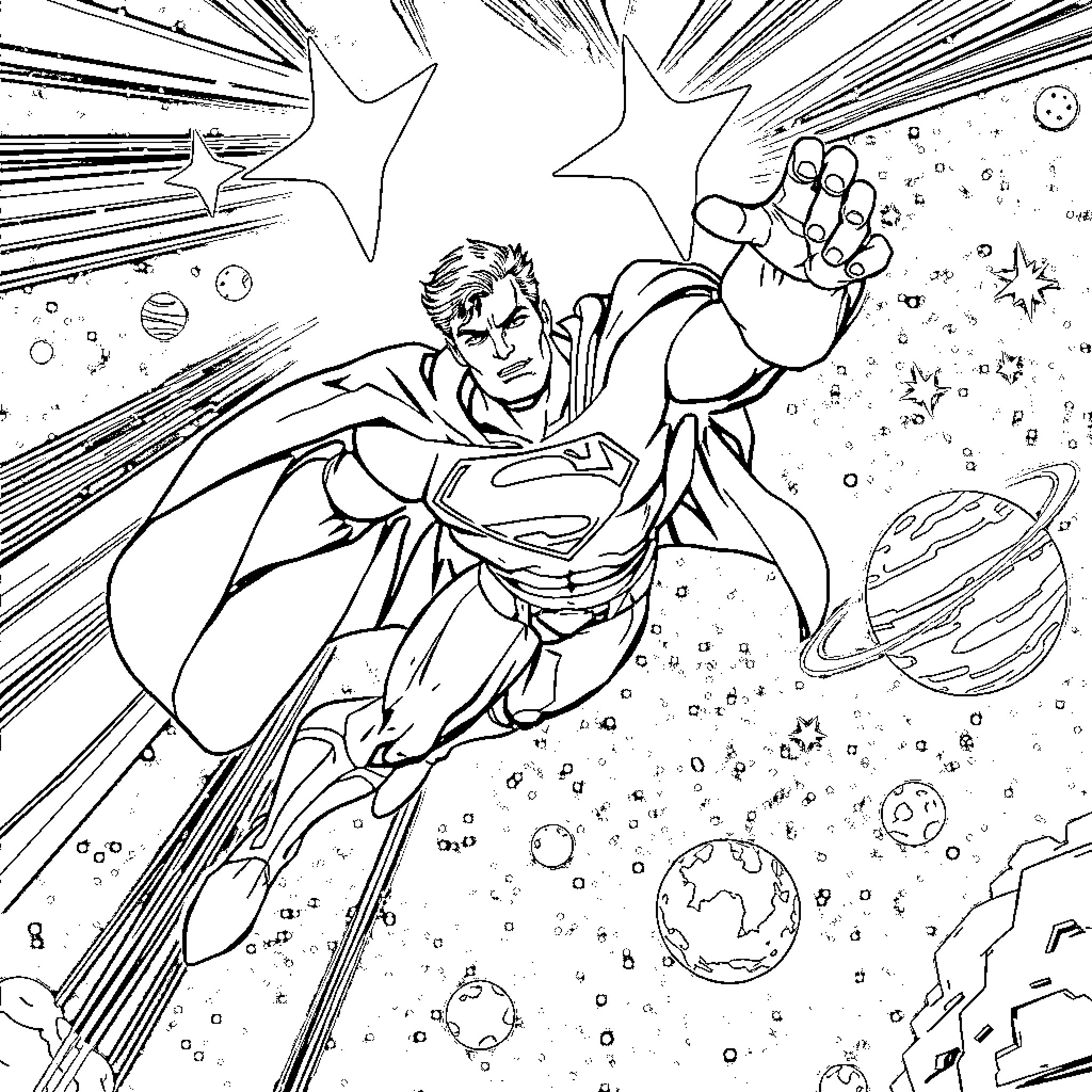 Superman Soaring Through Cosmic Space Coloring Page (free black-and-white line drawing printable PDF for all, from beginners to advanced learners, including children, teens, adults, and seniors)