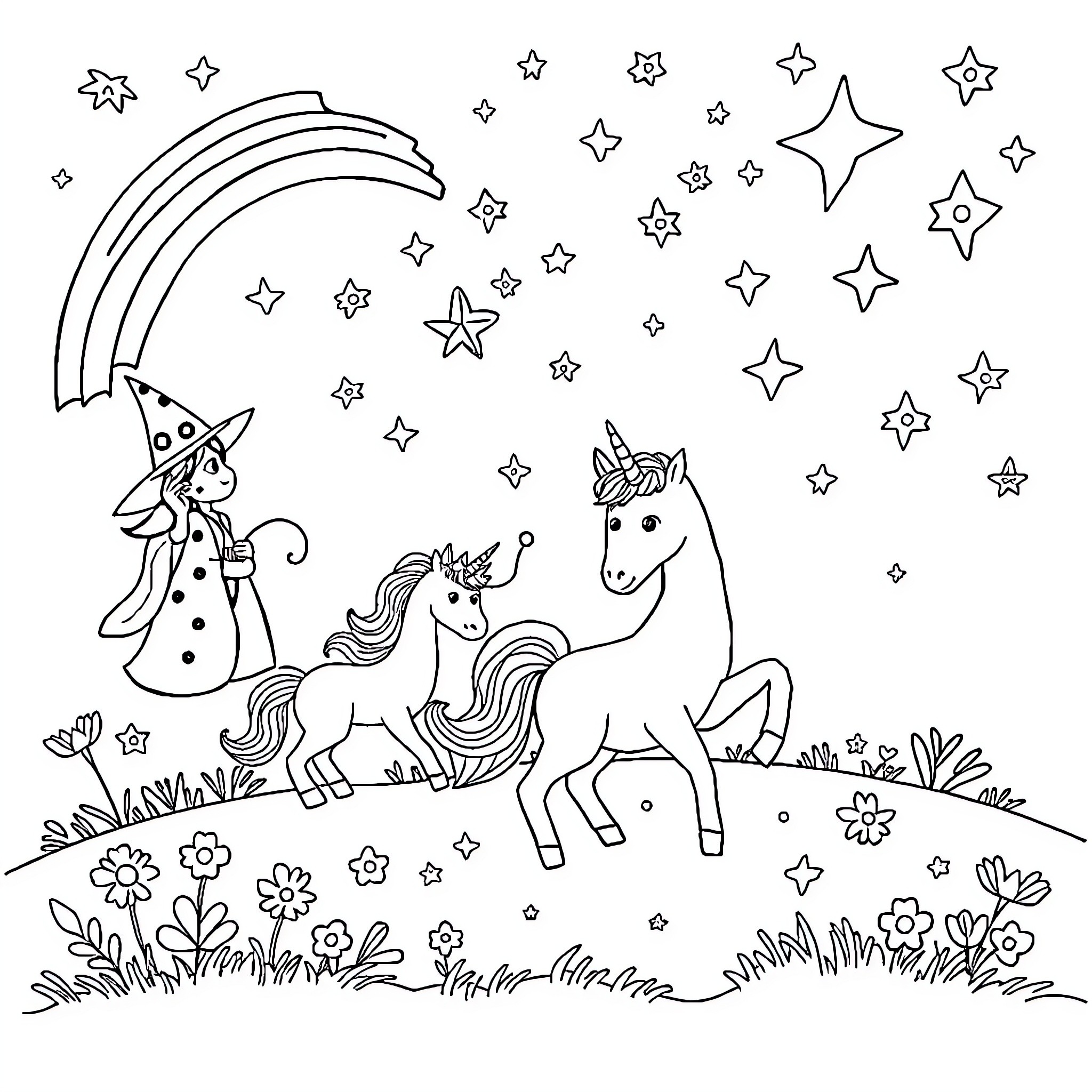 Unicorn and Wizard Exploring a Magical Landscape Coloring Page (free black-and-white line drawing printable PDF for all, from beginners to advanced learners, including children, teens, adults, and seniors)