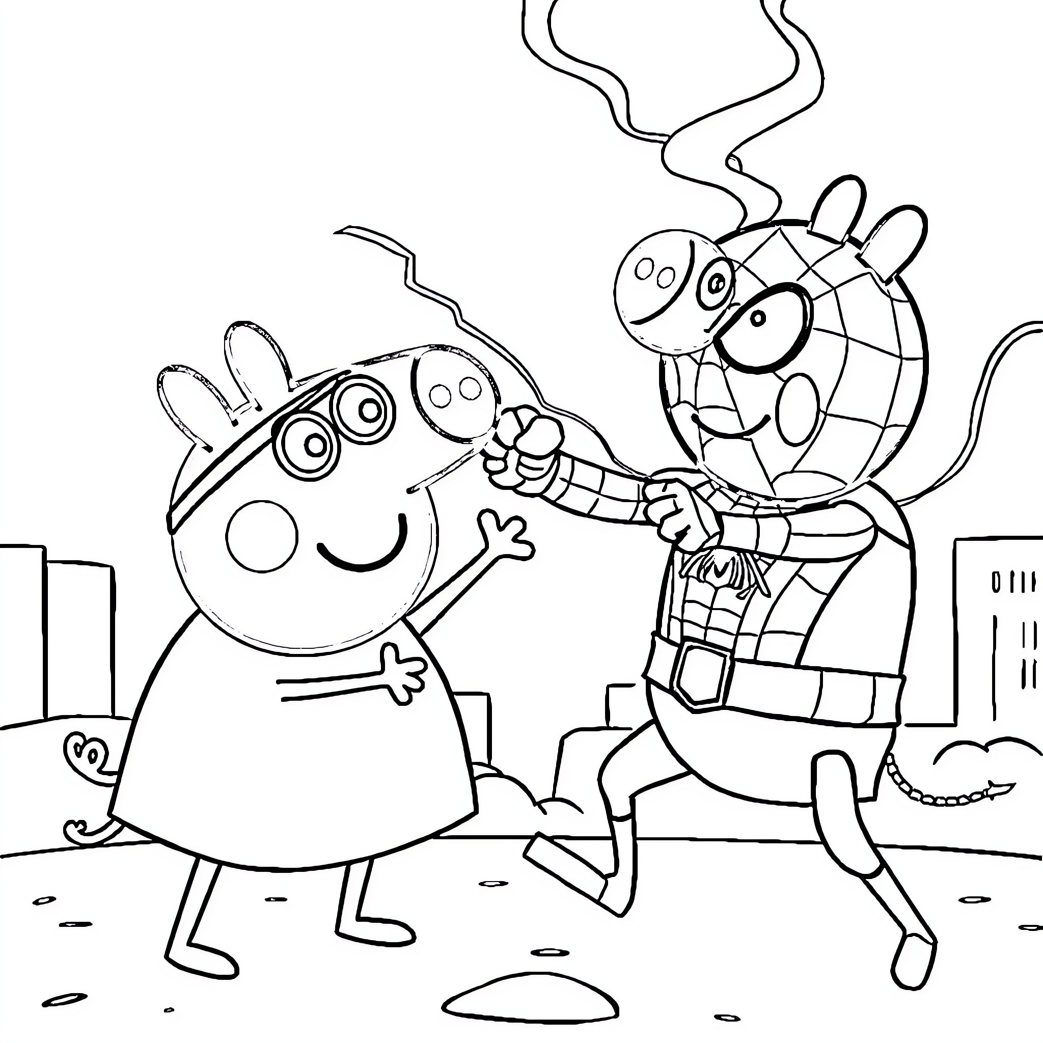 Peppa Pig meets a friendly bug creature Coloring Page (free black-and-white line drawing printable PDF for all, from beginners to advanced learners, including children, teens, adults, and seniors)