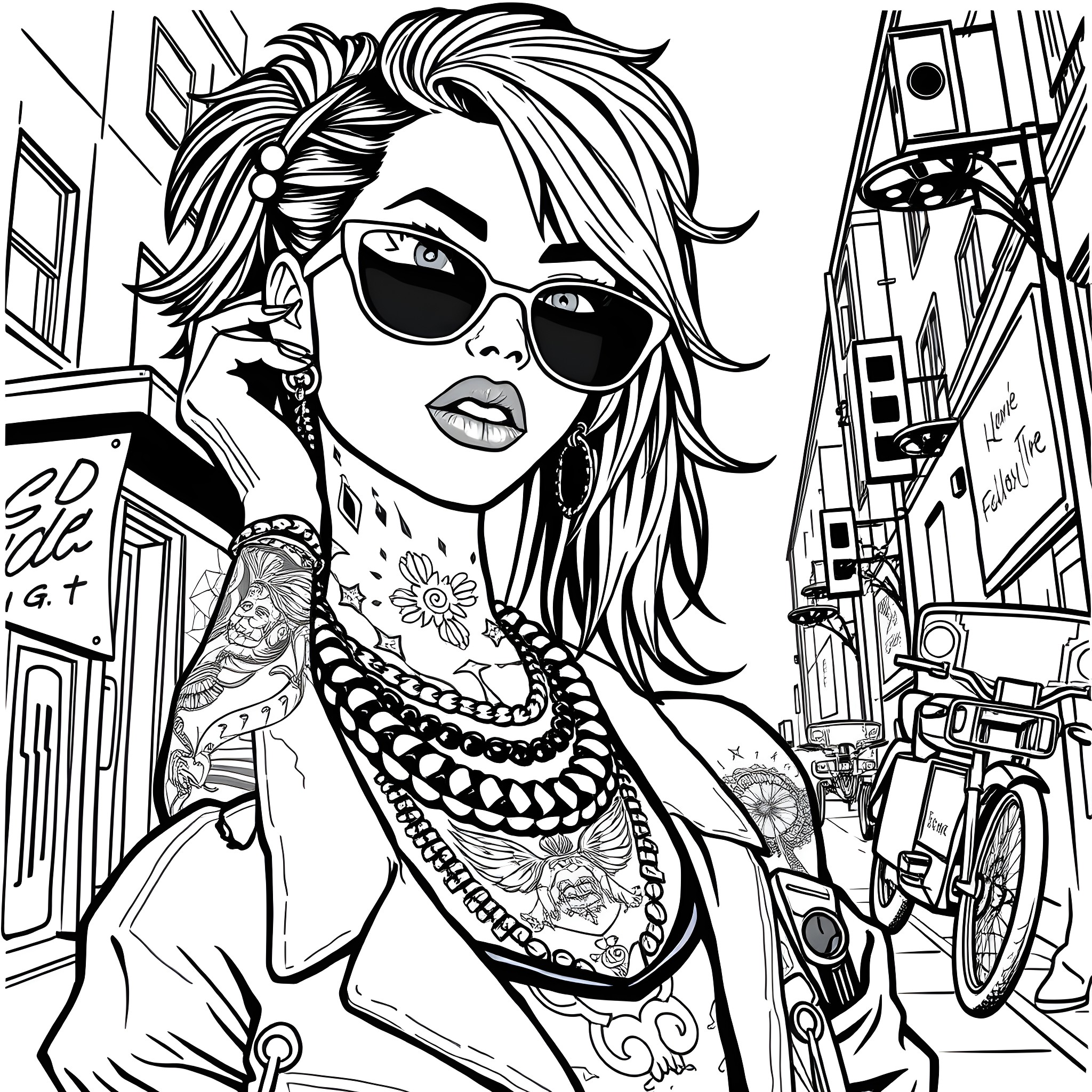 Girl with Edgy Punk Style in Urban Setting Coloring Page (free black-and-white line drawing printable PDF for all, from beginners to advanced learners, including children, teens, adults, and seniors)