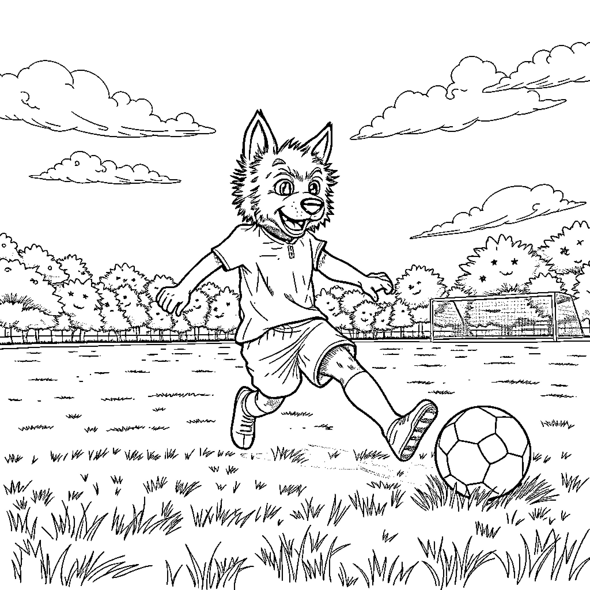 Huntrix's Playful Soccer Adventure Coloring Page (free black-and-white line drawing printable PDF for all, from beginners to advanced learners, including children, teens, adults, and seniors)