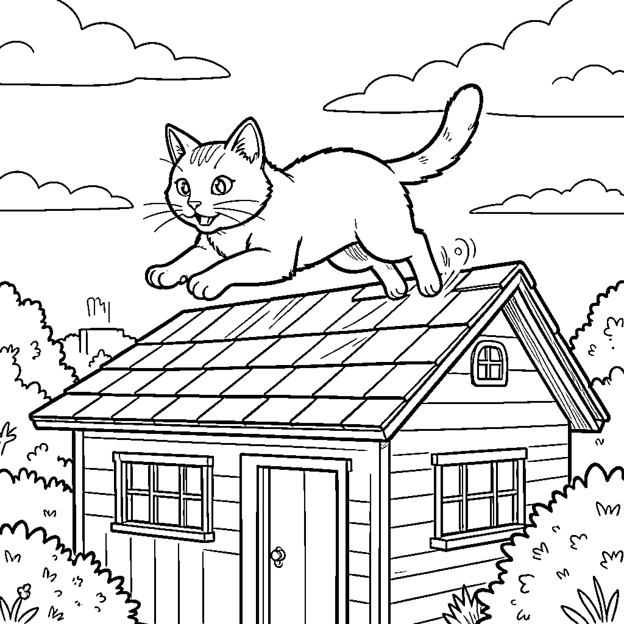 Cat exploring on the roof of a house Coloring Page (free black-and-white line drawing printable PDF for all, from beginners to advanced learners, including children, teens, adults, and seniors)
