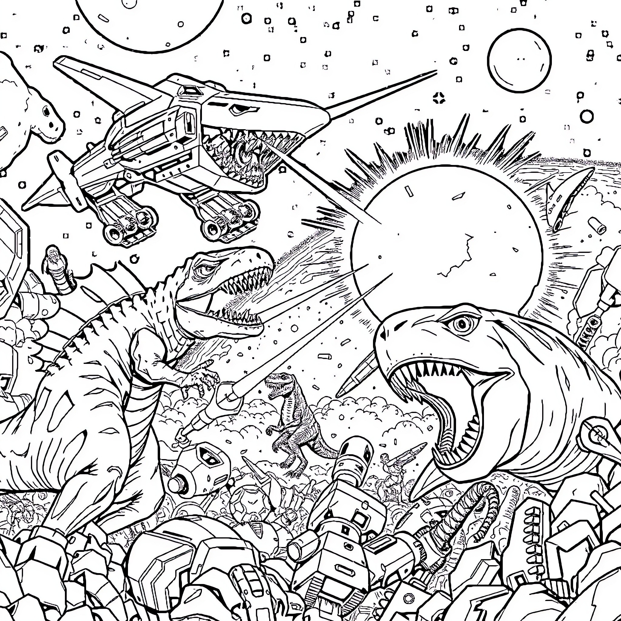 Dinosaur Encounter in Futuristic Sci-Fi Landscape Coloring Page (free black-and-white line drawing printable PDF for all, from beginners to advanced learners, including children, teens, adults, and seniors)