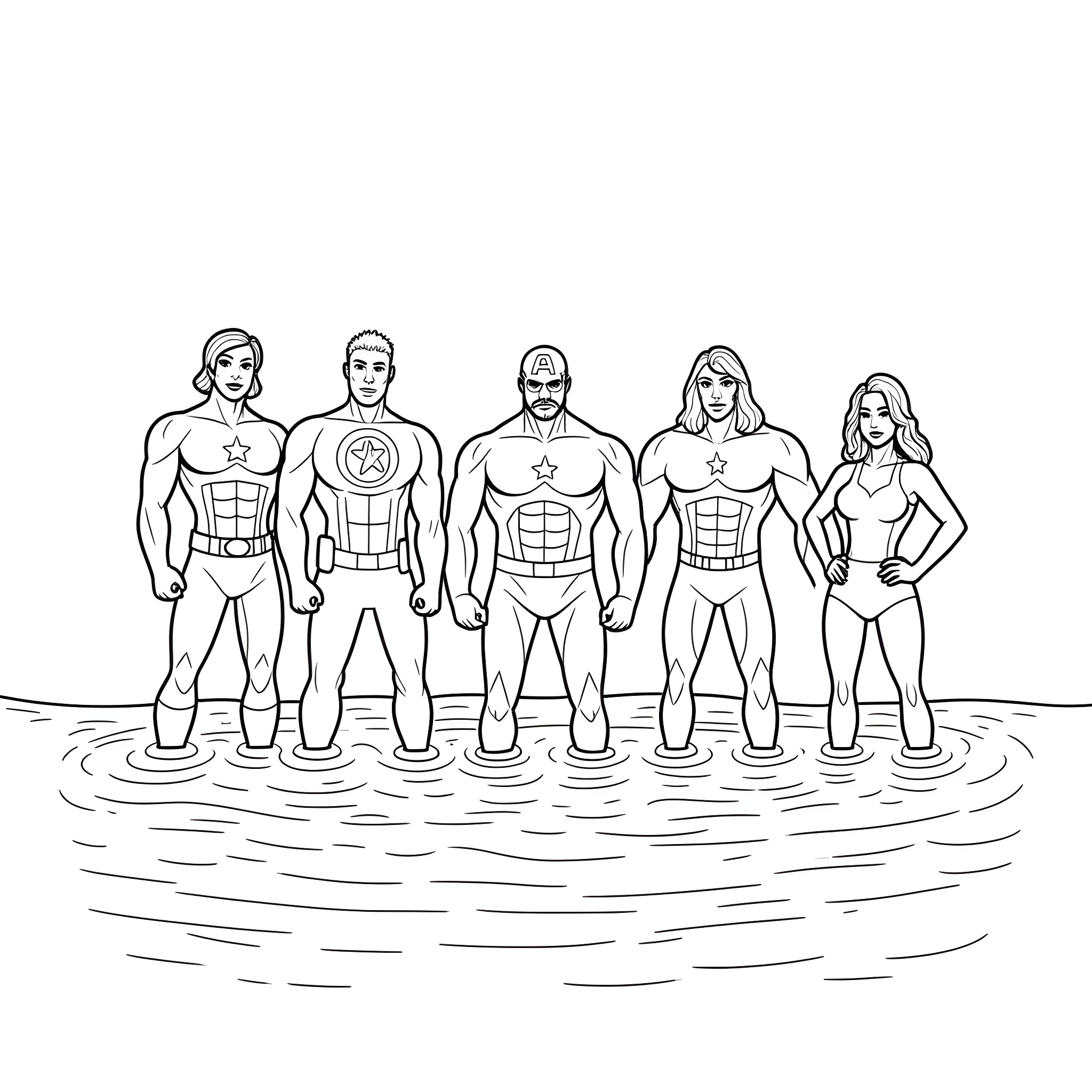 Avenger team assembled for action Coloring Page (free black-and-white line drawing printable PDF for all, from beginners to advanced learners, including children, teens, adults, and seniors)