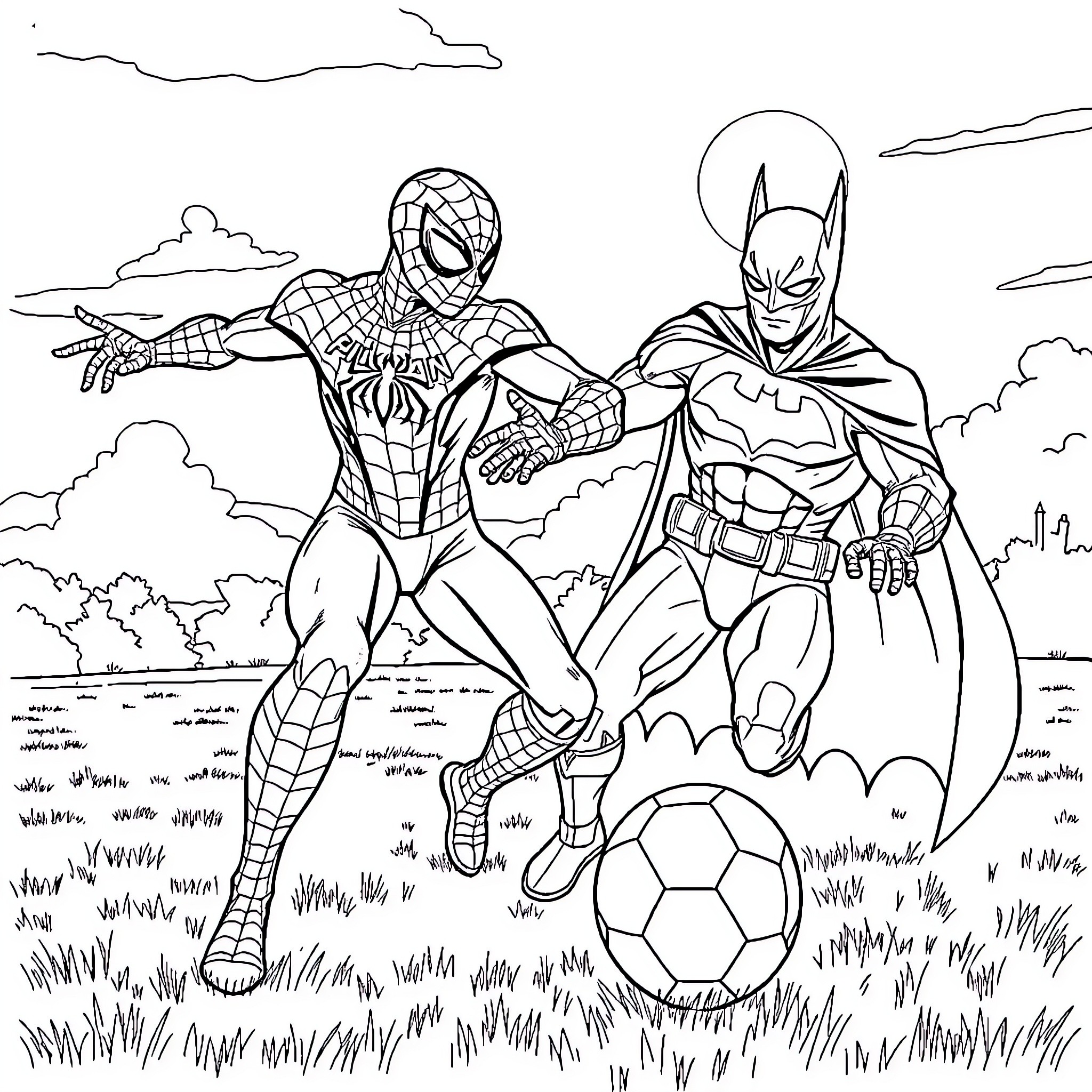 Spider-Man and Batman Playing Soccer in the Park Coloring Page (free black-and-white line drawing printable PDF for all, from beginners to advanced learners, including children, teens, adults, and seniors)