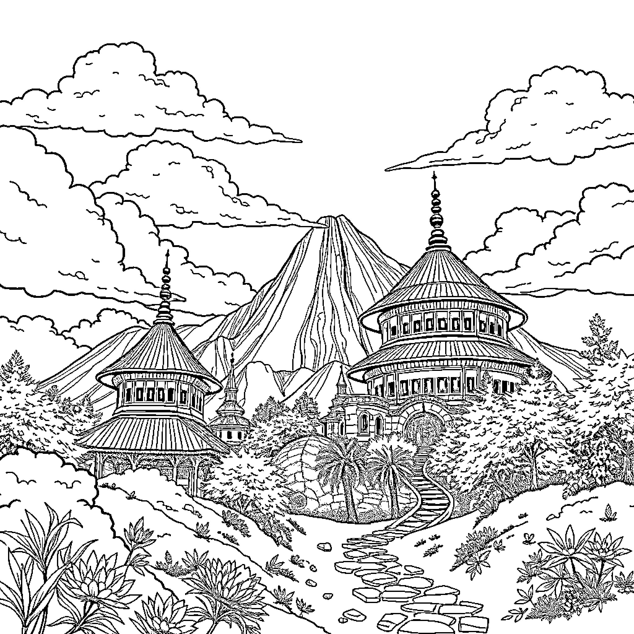 Sepidermen's Fantastic Architectural Fantasy Coloring Page (free black-and-white line drawing printable PDF for all, from beginners to advanced learners, including children, teens, adults, and seniors)