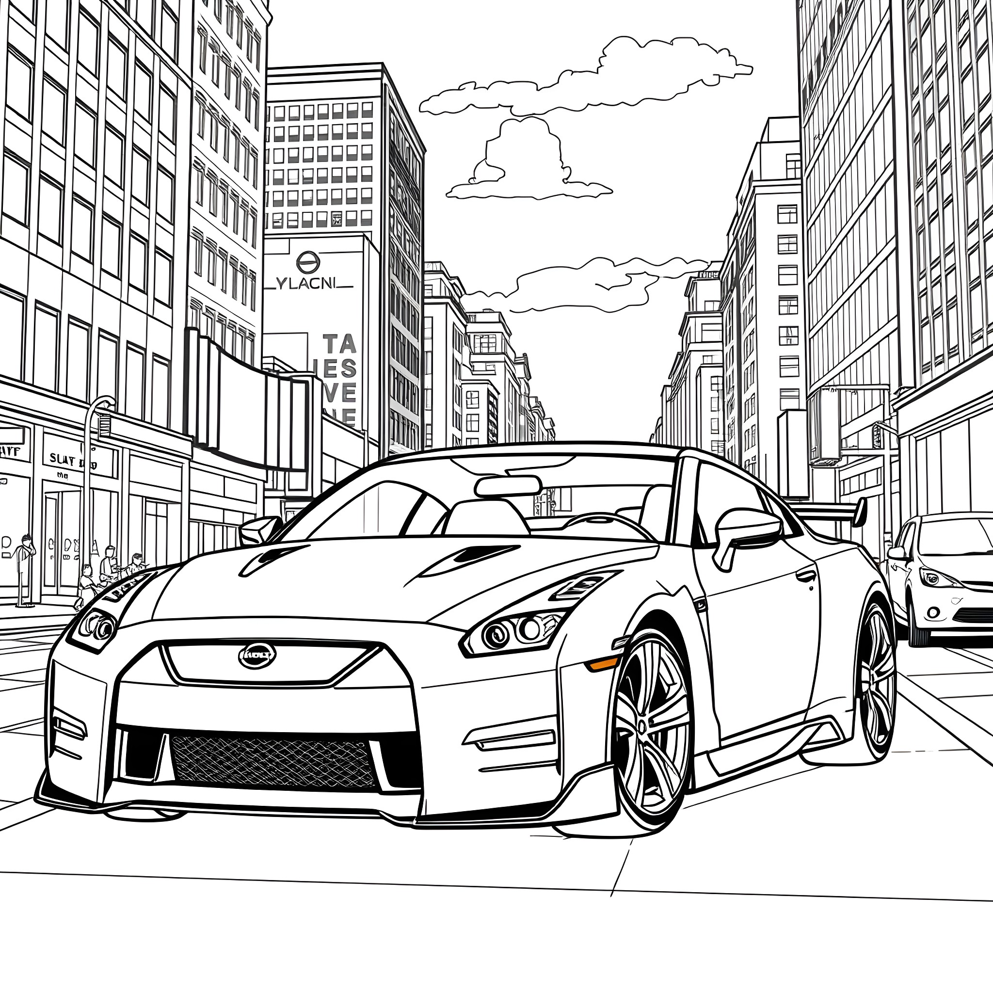 Nissan GT-R on the city street Coloring Page (free black-and-white line drawing printable PDF for all, from beginners to advanced learners, including children, teens, adults, and seniors)