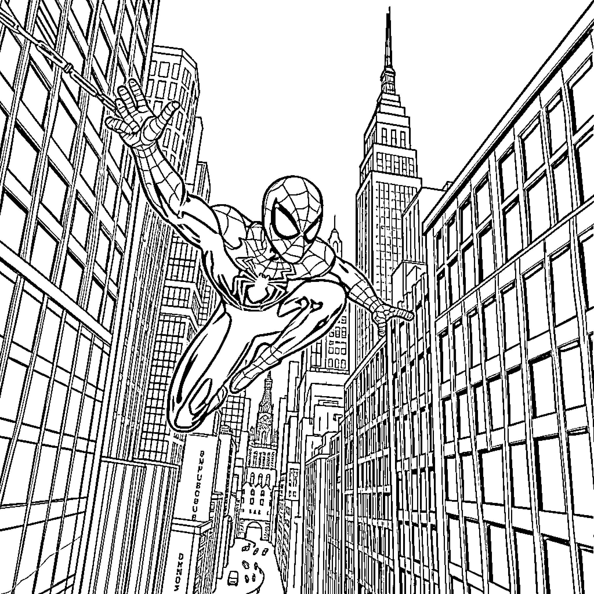 Spider-Man swinging through the city skyline Coloring Page (free black-and-white line drawing printable PDF for all, from beginners to advanced learners, including children, teens, adults, and seniors)