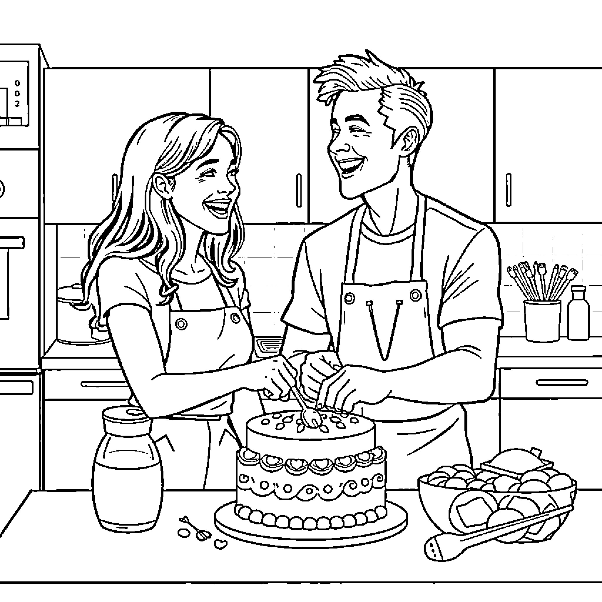 Couple Baking a Cake Together in the Kitchen Coloring Page (free black-and-white line drawing printable PDF for all, from beginners to advanced learners, including children, teens, adults, and seniors)