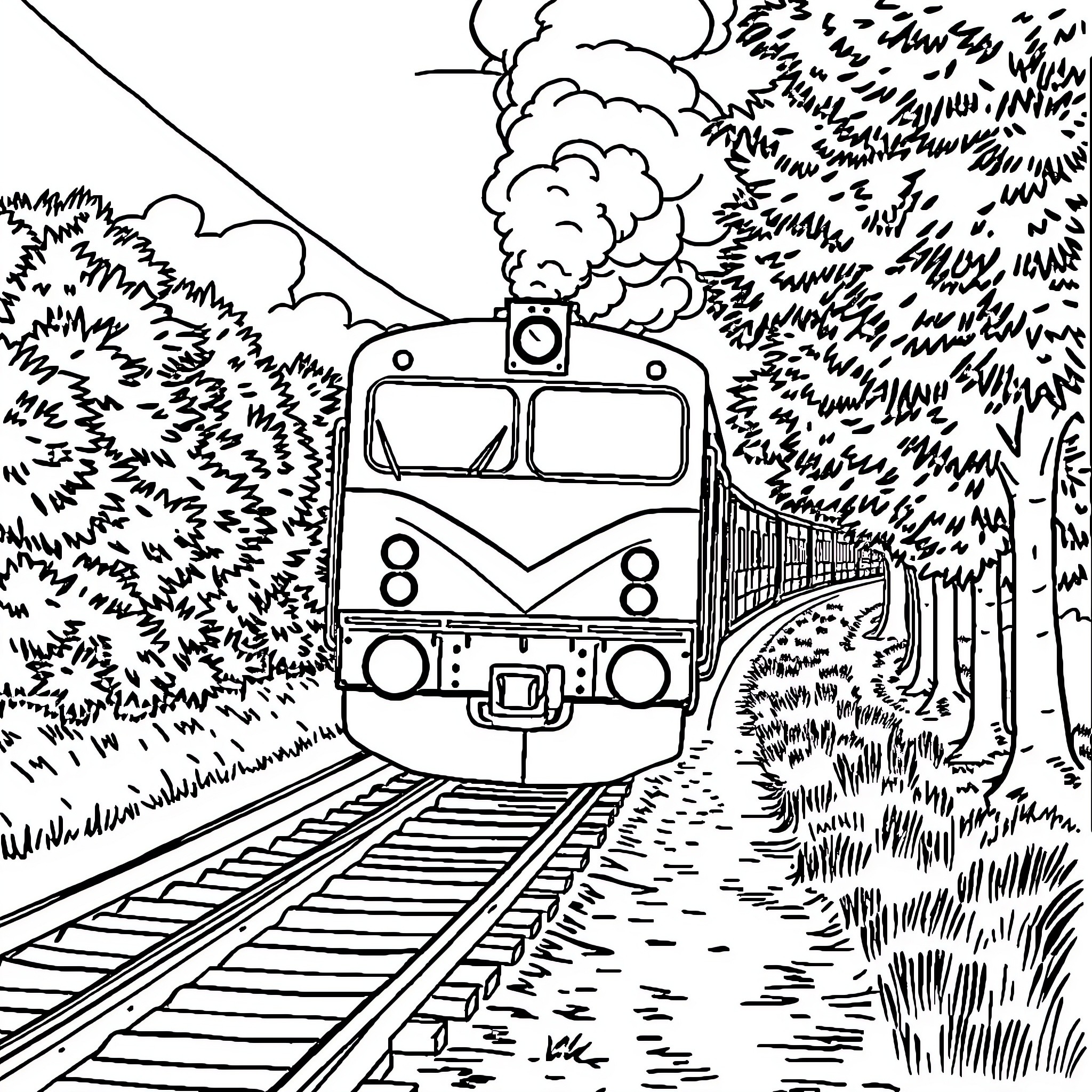 Train speeding through a scenic landscape Coloring Page (free black-and-white line drawing printable PDF for all, from beginners to advanced learners, including children, teens, adults, and seniors)