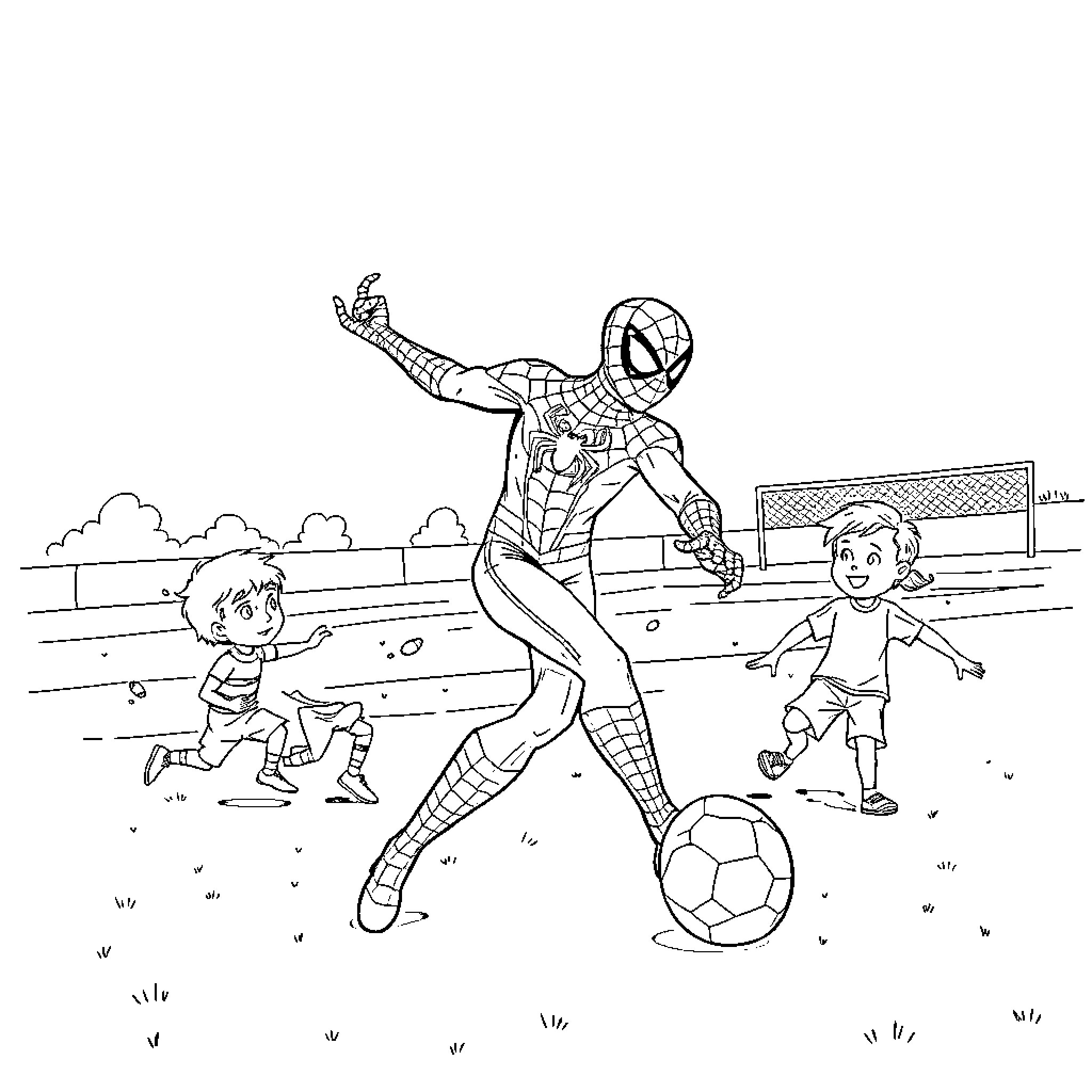 Spiderman playing soccer with kids on the field Coloring Page (free black-and-white line drawing printable PDF for all, from beginners to advanced learners, including children, teens, adults, and seniors)