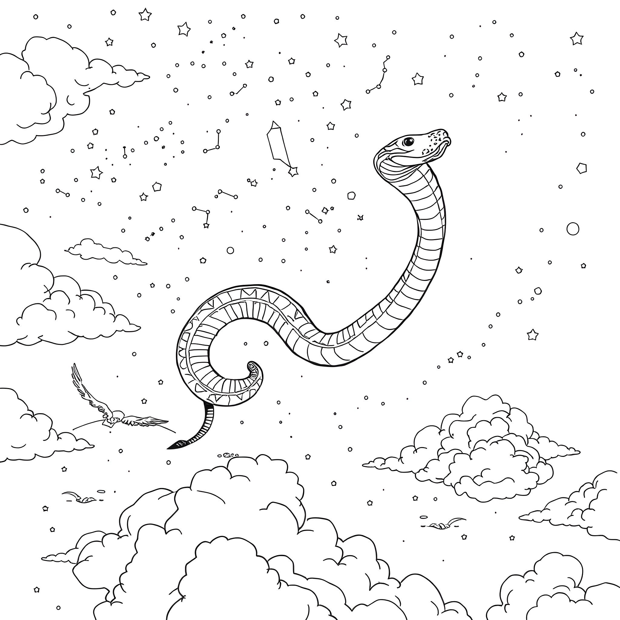 Snake soaring through the starry night sky Coloring Page (free black-and-white line drawing printable PDF for all, from beginners to advanced learners, including children, teens, adults, and seniors)