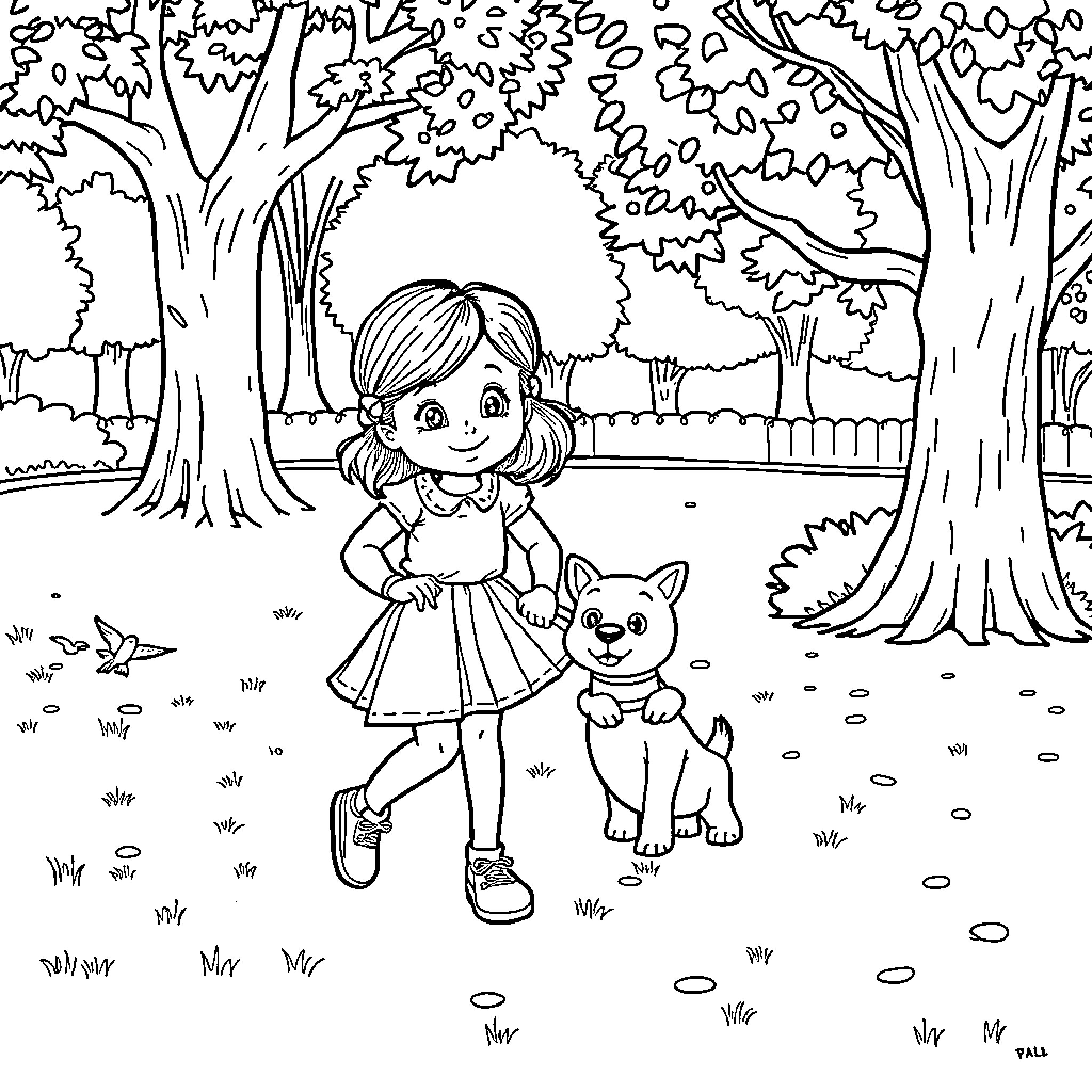 Girl enjoying a walk with her pet dog in the park Coloring Page (free black-and-white line drawing printable PDF for all, from beginners to advanced learners, including children, teens, adults, and seniors)