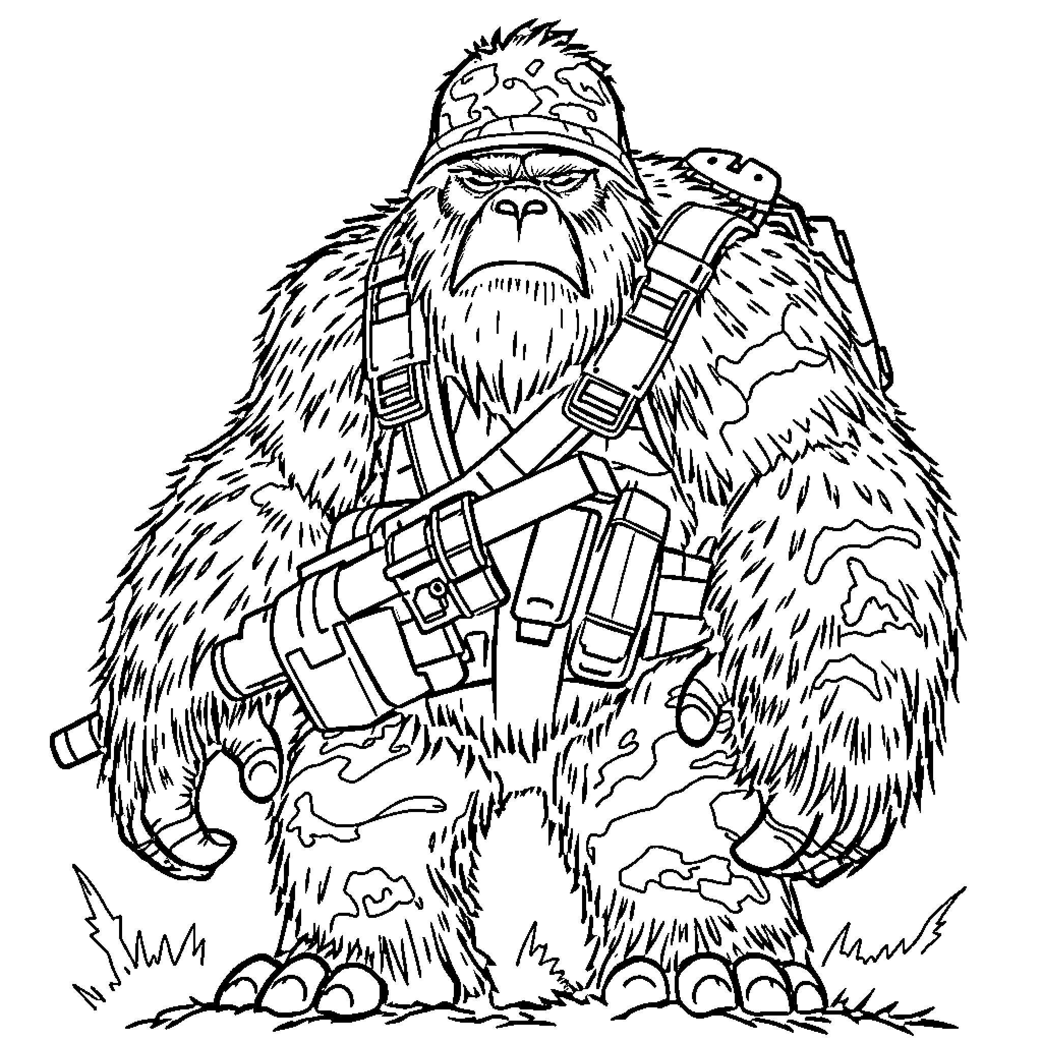 Bigfoot Heavily Armed and Ready for Action Coloring Page (free black-and-white line drawing printable PDF for all, from beginners to advanced learners, including children, teens, adults, and seniors)