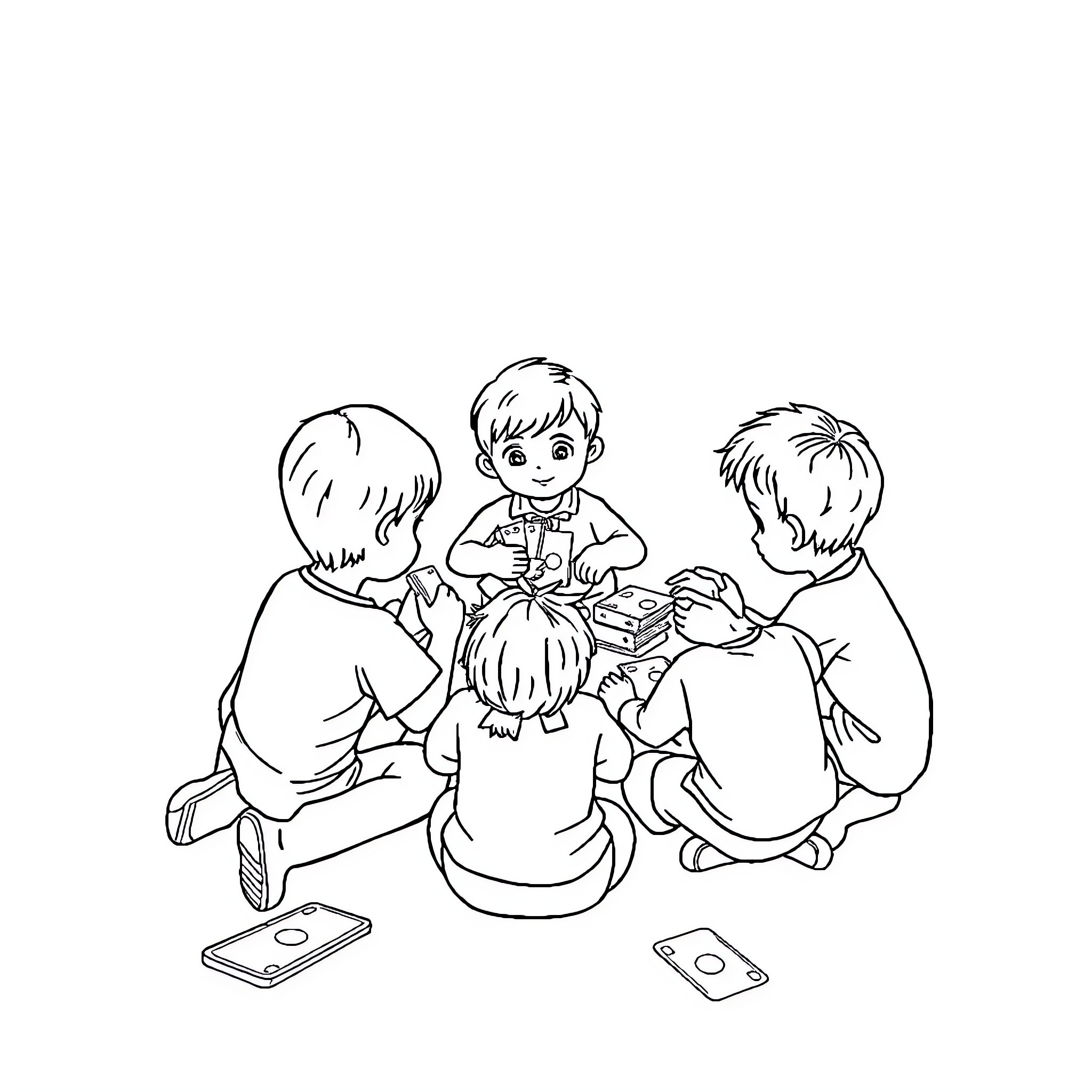 Children playing with mobile devices together Coloring Page (free black-and-white line drawing printable PDF for all, from beginners to advanced learners, including children, teens, adults, and seniors)