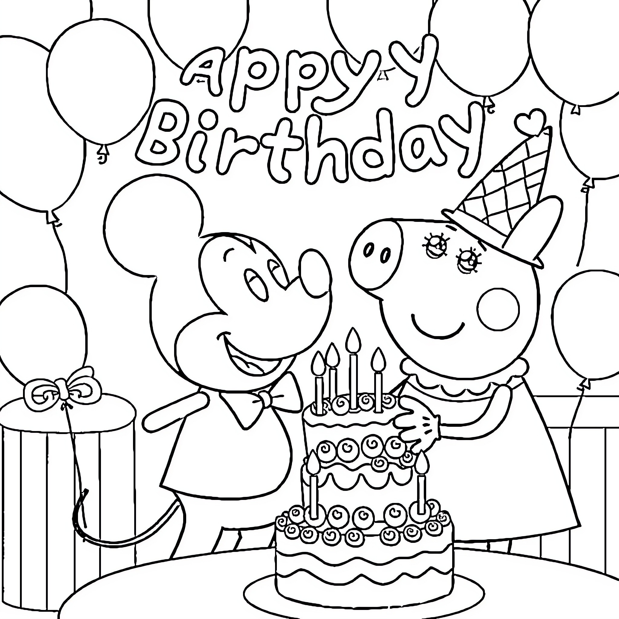 Peppa Pig and friends celebrate a birthday party Coloring Page (free black-and-white line drawing printable PDF for all, from beginners to advanced learners, including children, teens, adults, and seniors)