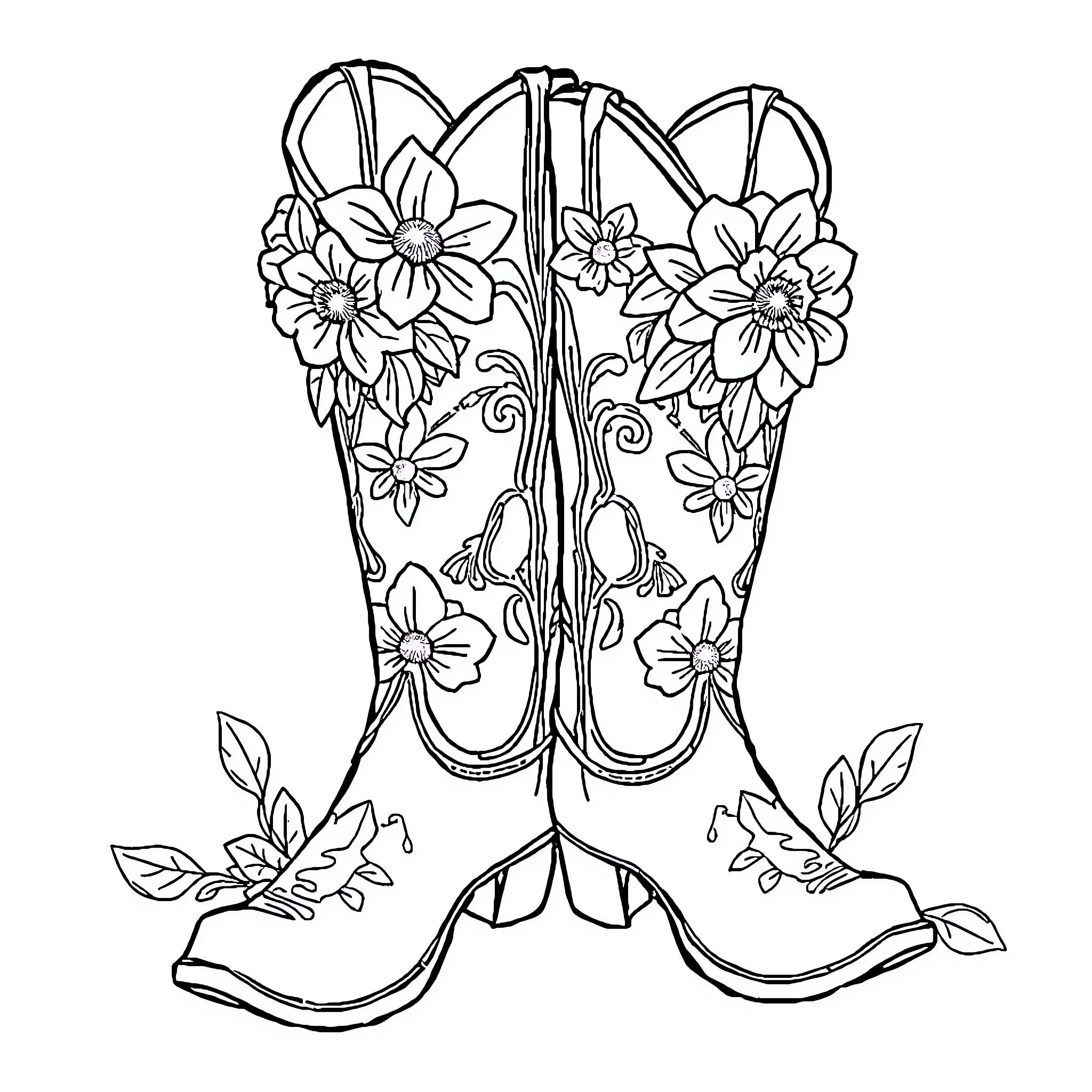 Cowboy Boot with Floral Embellishments Coloring Page (free black-and-white line drawing printable PDF for all, from beginners to advanced learners, including children, teens, adults, and seniors)