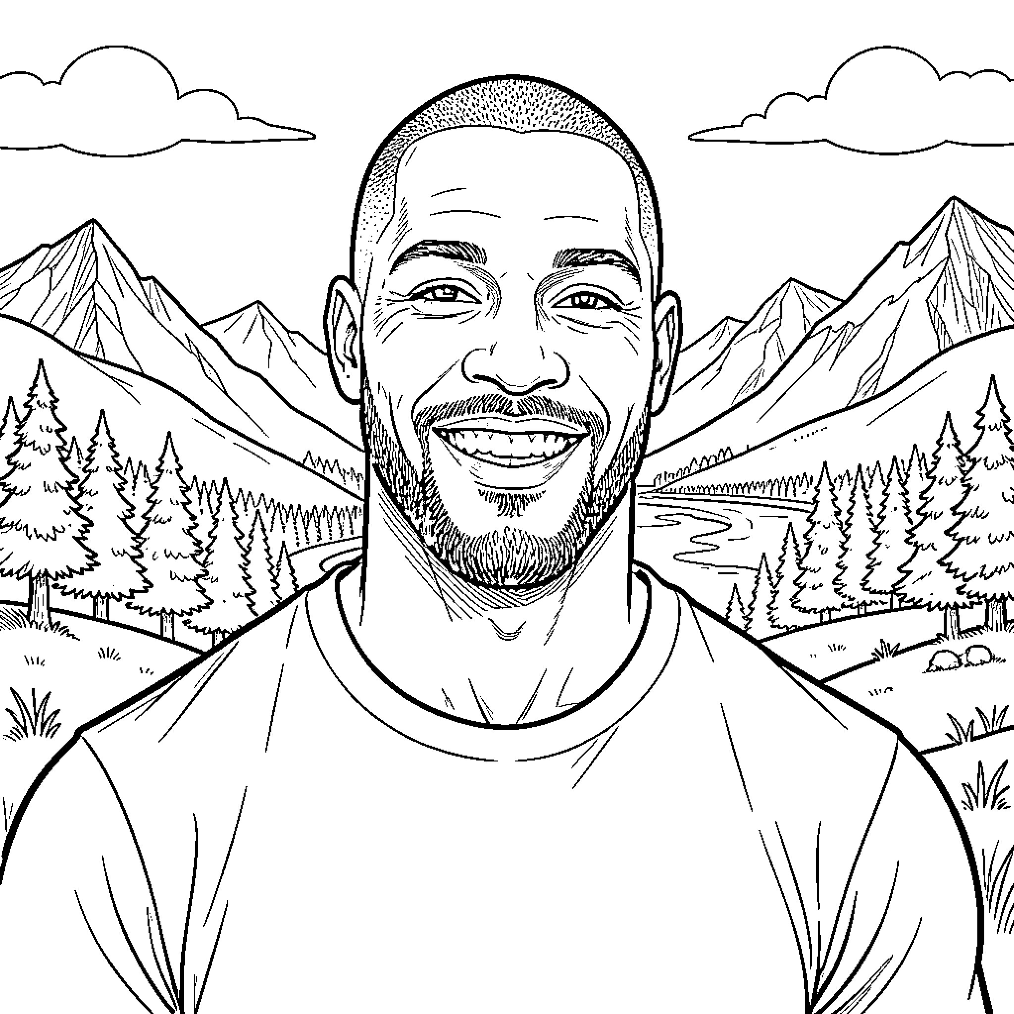 Dwayne enjoying the scenic mountain landscape Coloring Page (free black-and-white line drawing printable PDF for all, from beginners to advanced learners, including children, teens, adults, and seniors)