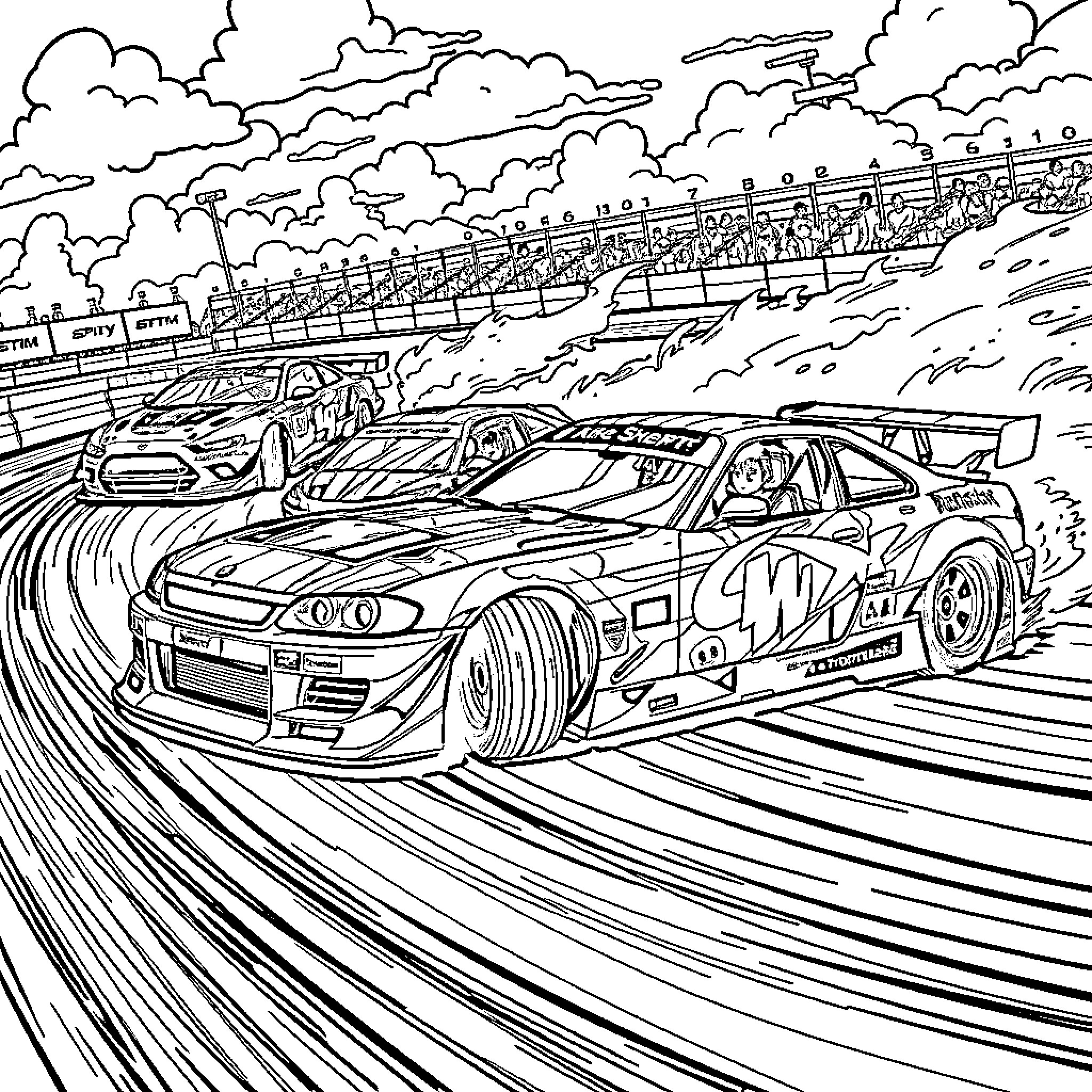 Drift Car Racing on Winding Track Coloring Page (free black-and-white line drawing printable PDF for all, from beginners to advanced learners, including children, teens, adults, and seniors)
