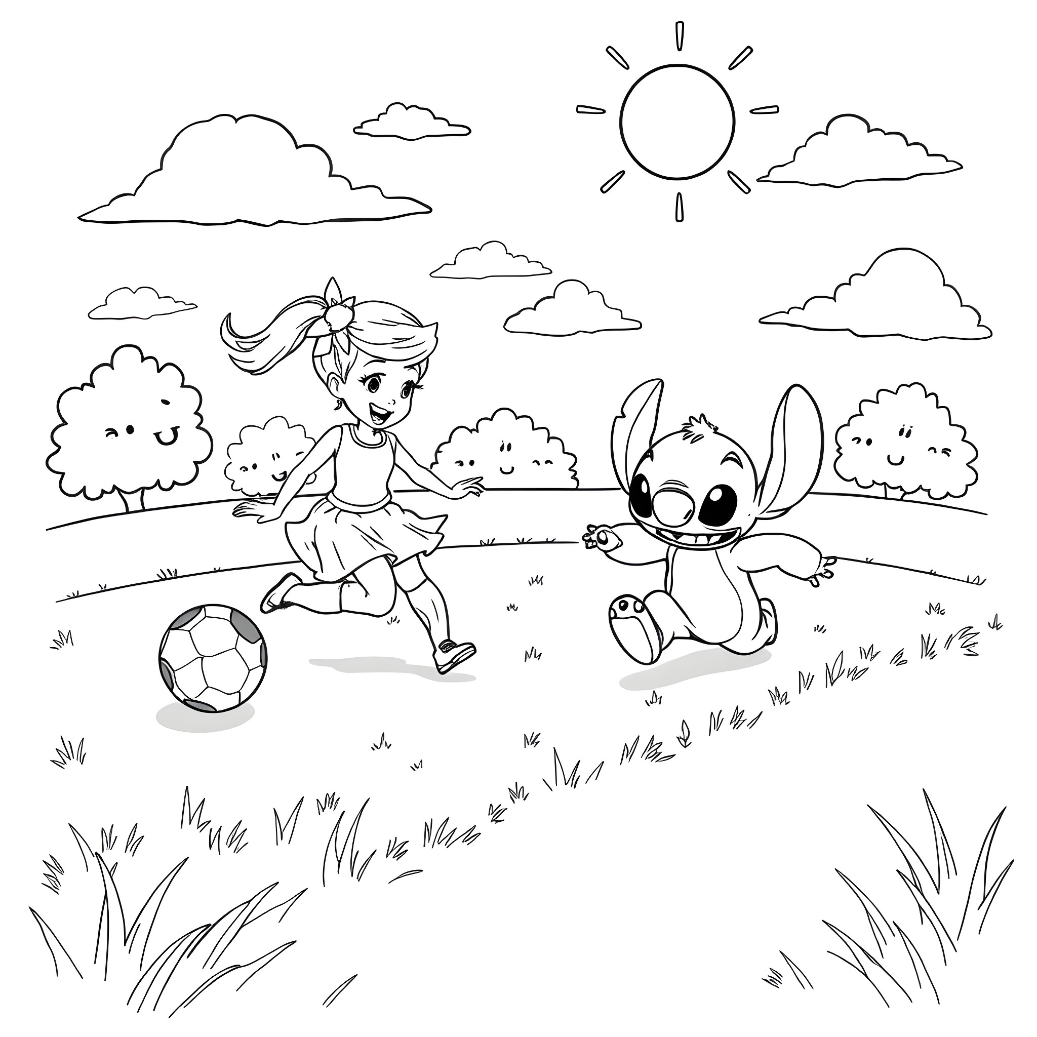 Gabby plays soccer with her friend Stitch in the park Coloring Page (free black-and-white line drawing printable PDF for all, from beginners to advanced learners, including children, teens, adults, and seniors)